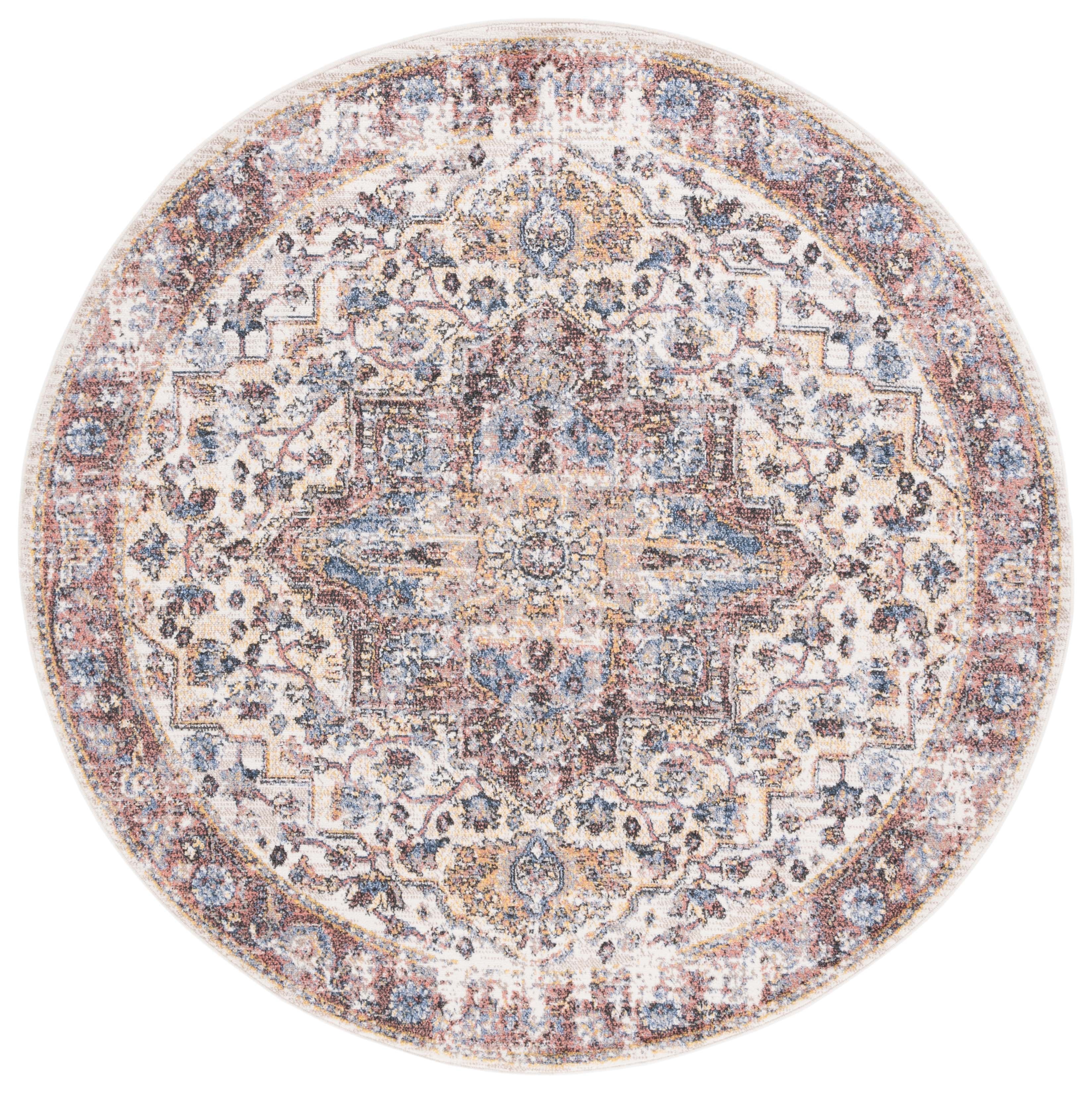 Gray and Ivory Synthetic Round Oriental Area Rug, 6'-7"