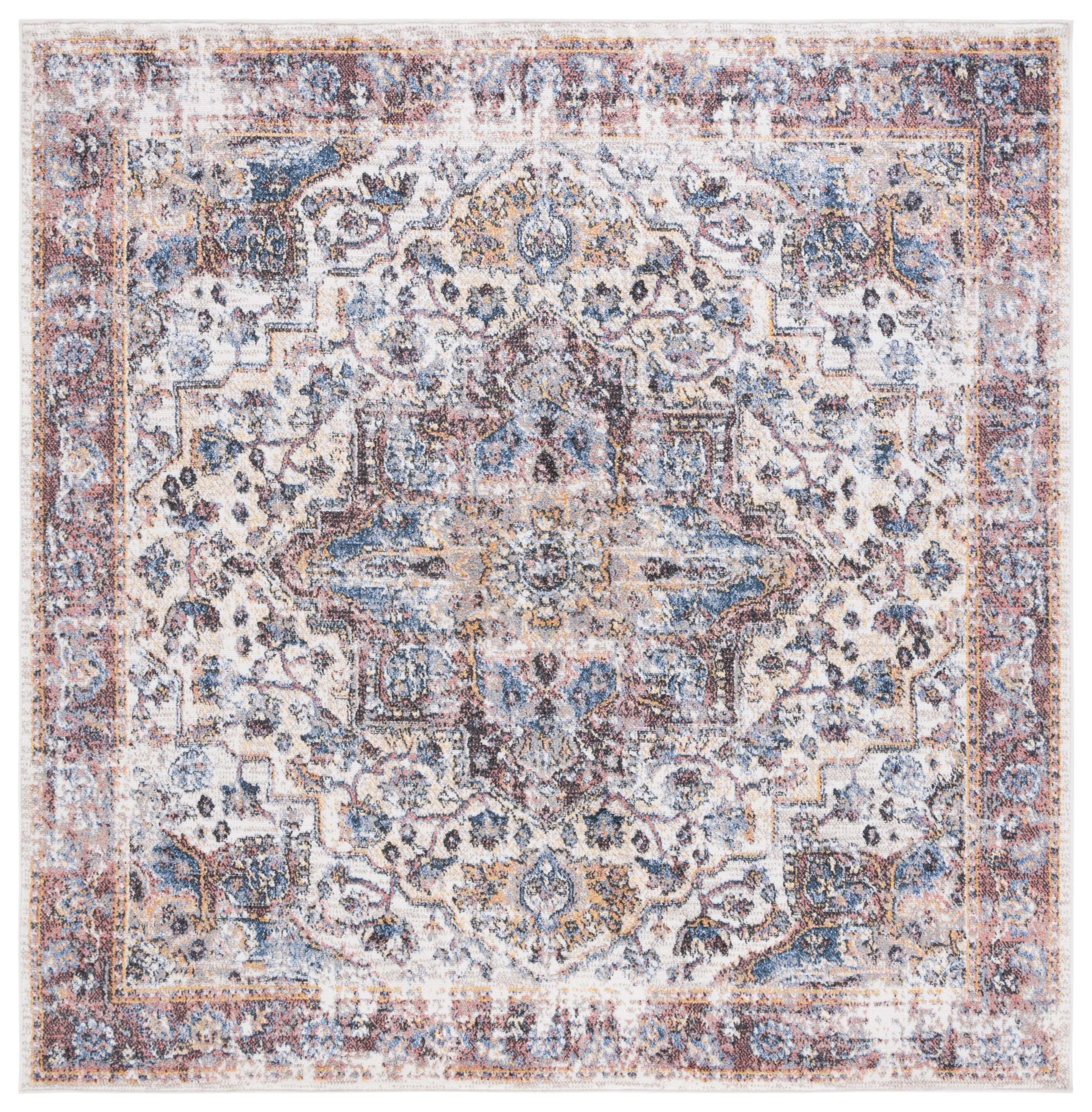 Ivory and Blue Rust Square Synthetic Stain-resistant Area Rug