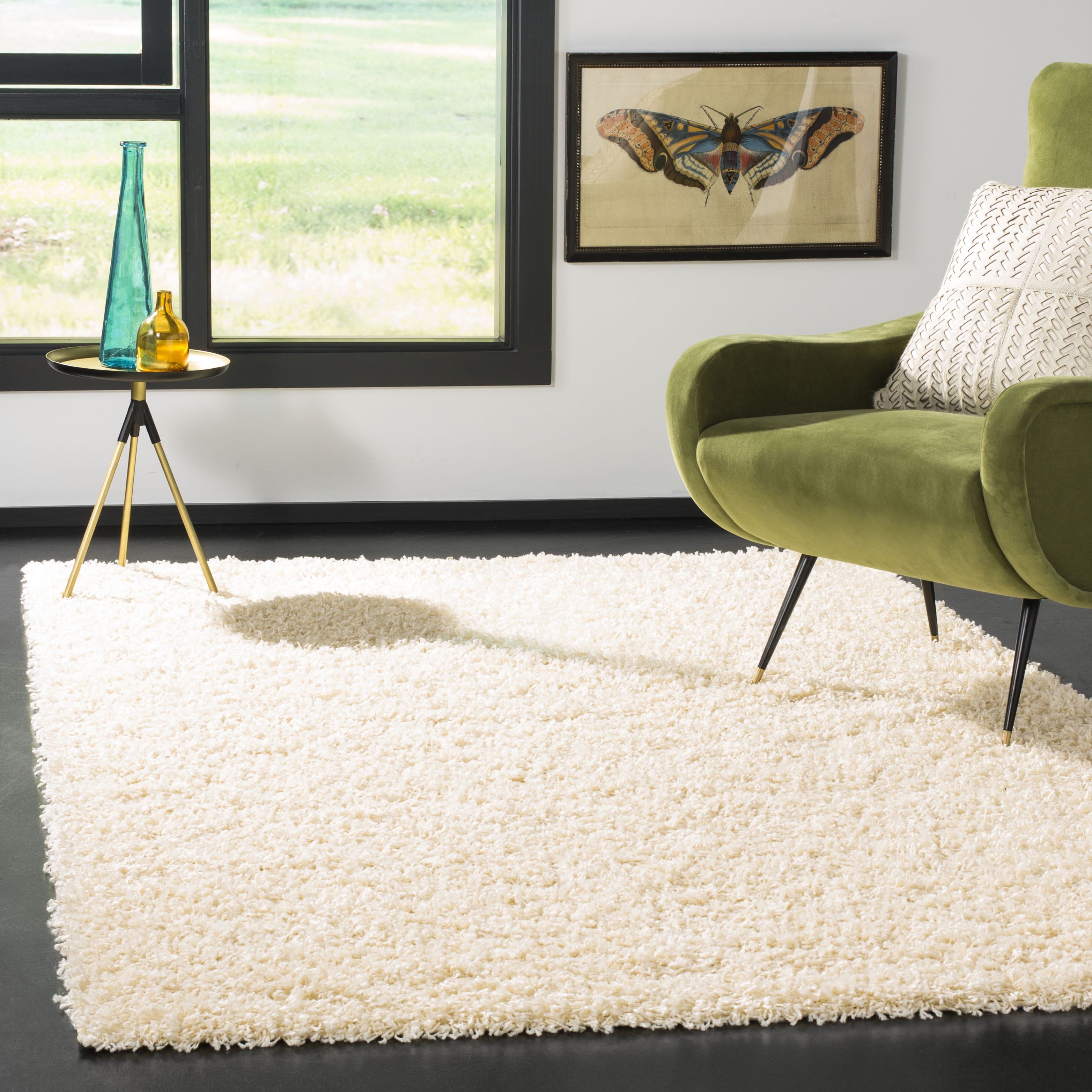 Ivory 9' x 12' Shag Wool and Synthetic Rug