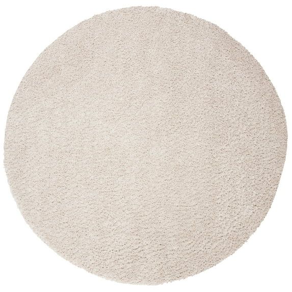 Beige Round Plush Shag Synthetic Area Rug, 10' x 10'