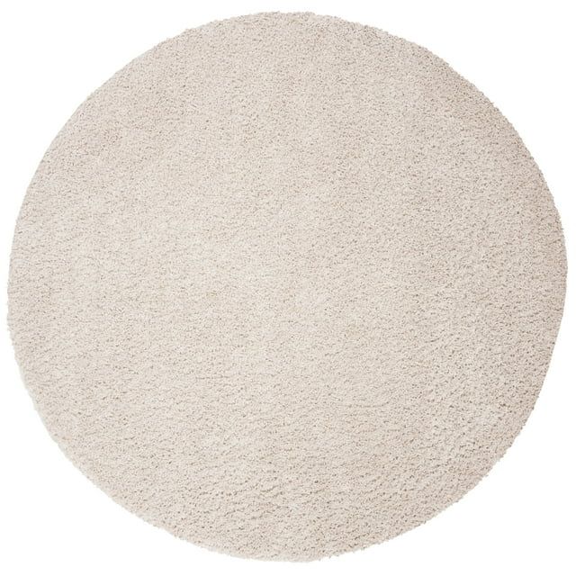 Beige Round Plush Shag Synthetic Area Rug, 10' x 10'