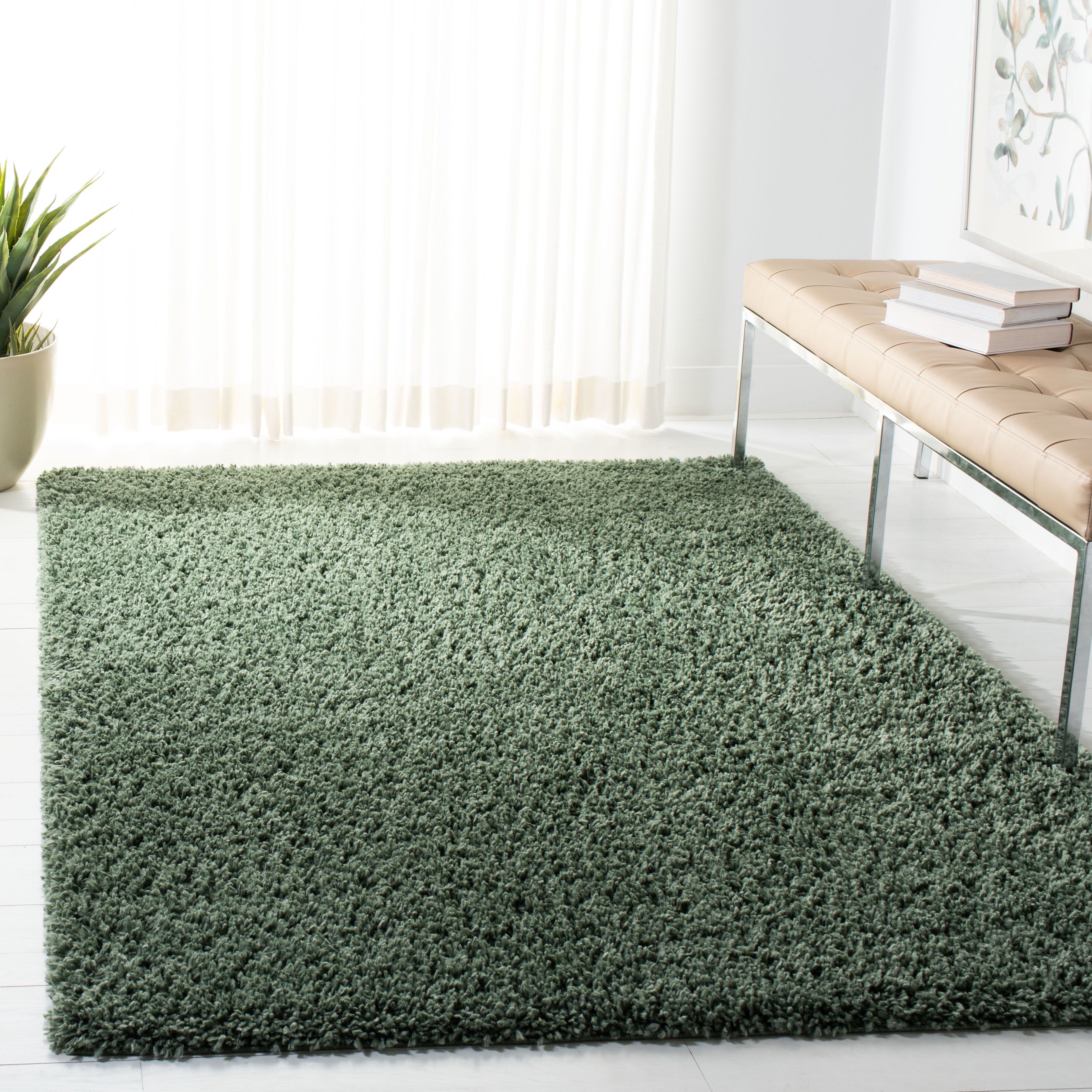 Green Plush Shag Area Rug, 9' x 12', Easy Care