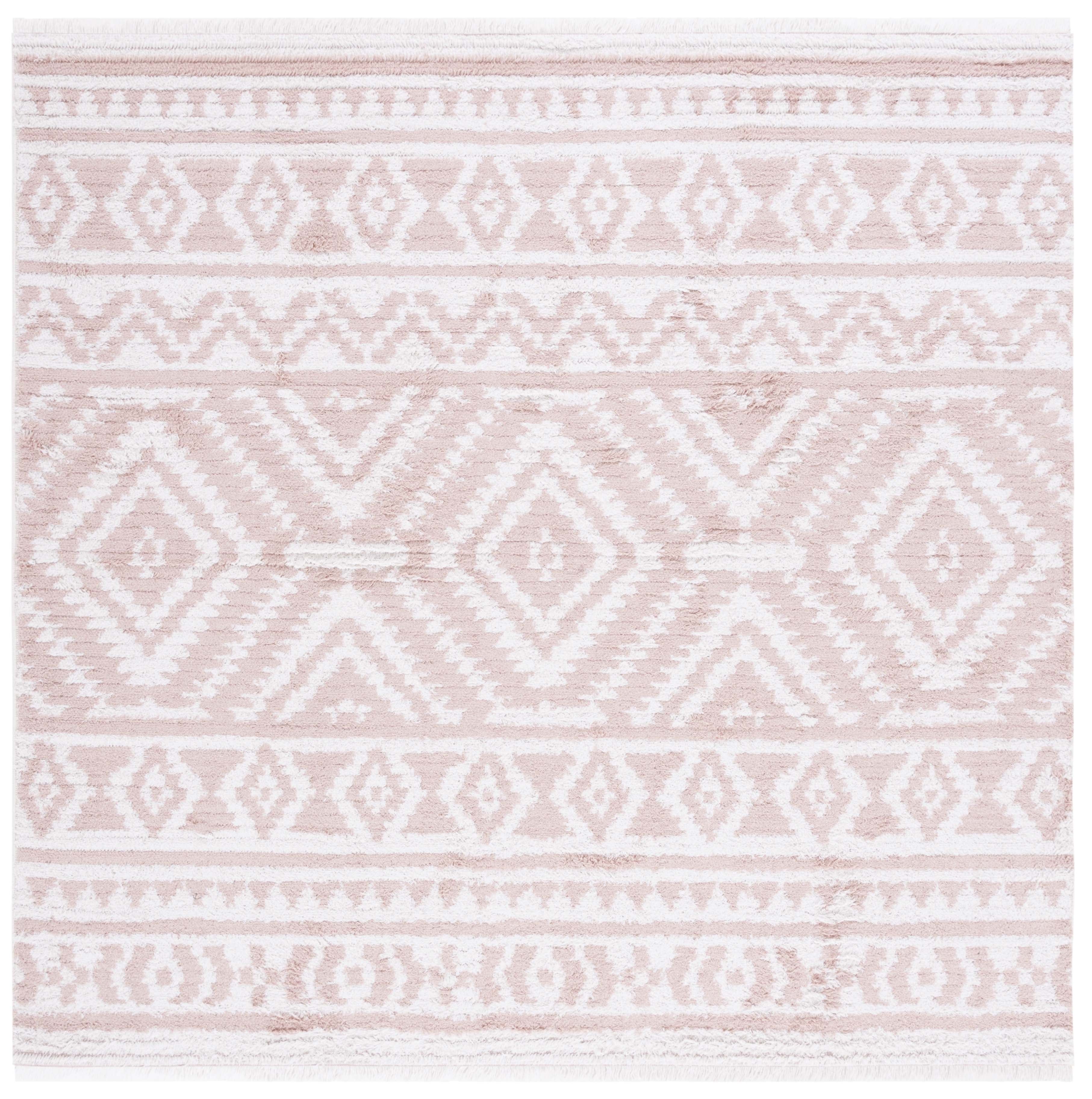 Ivory and Pink Geometric Square Synthetic Area Rug