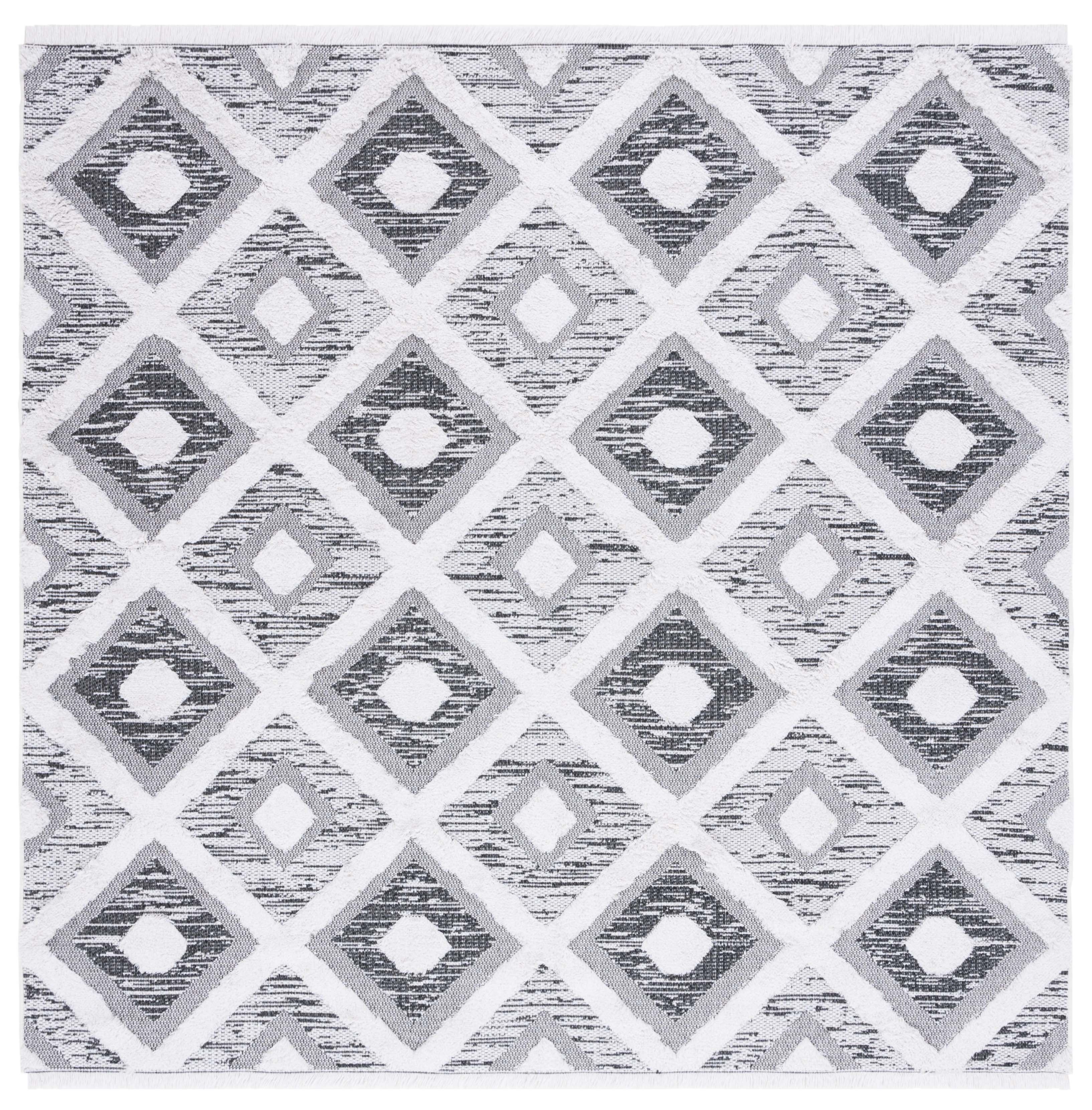 Black and Ivory Geometric Flat Woven Square Rug, 6'4"