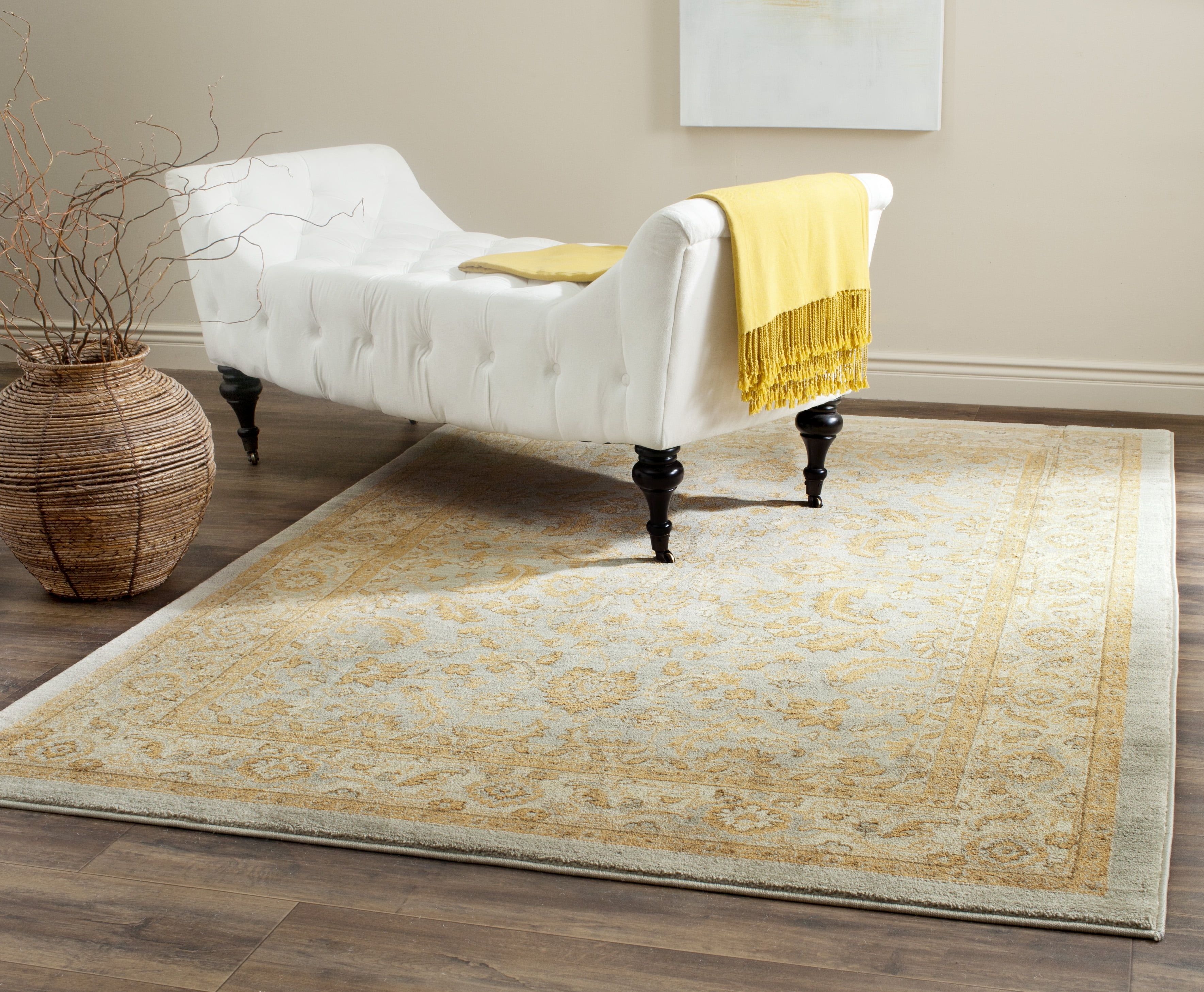 Light Blue and Gold Rectangular Synthetic Area Rug