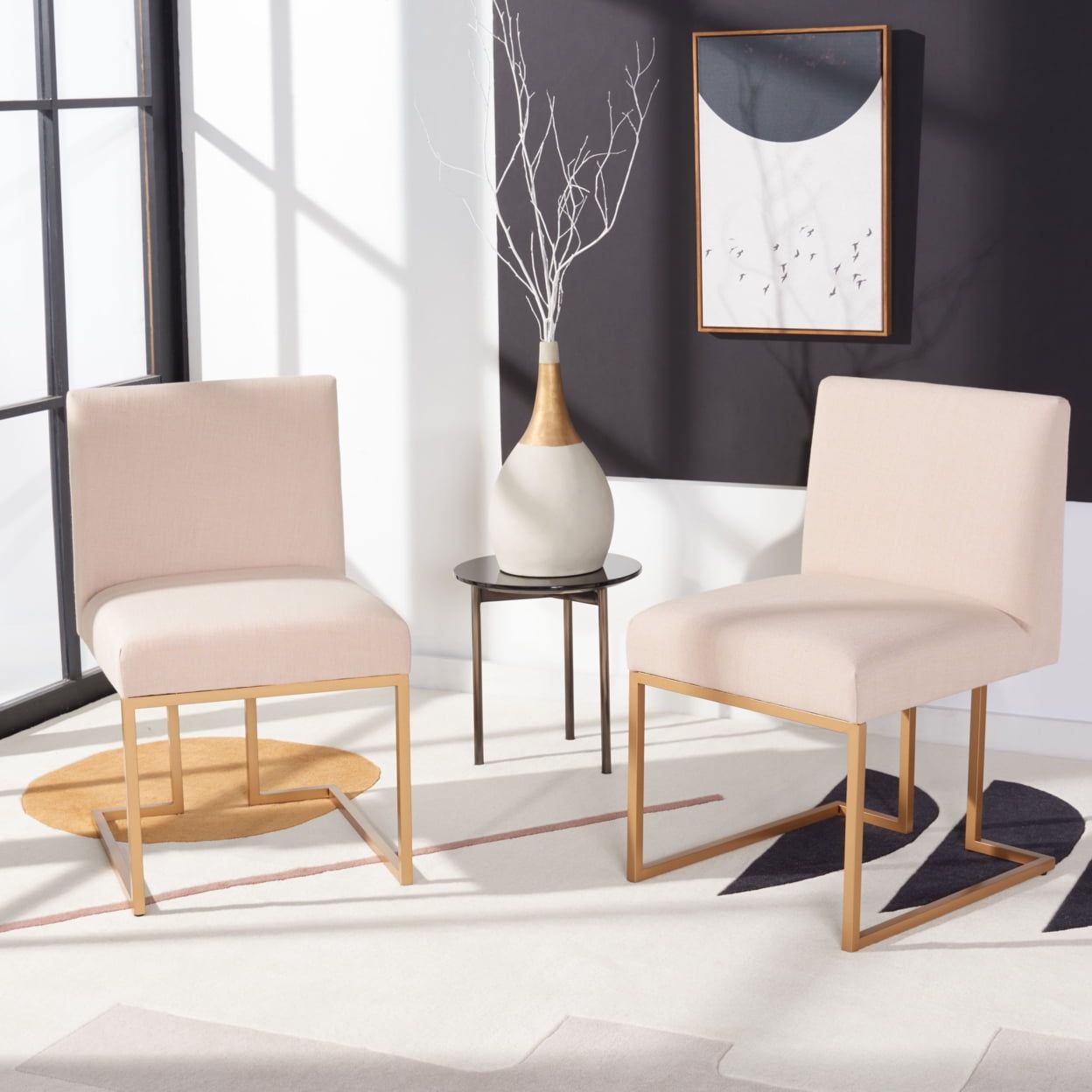 Modern Cosmopolitan Beige Linen & Gold Metal Parsons Side Chair Set