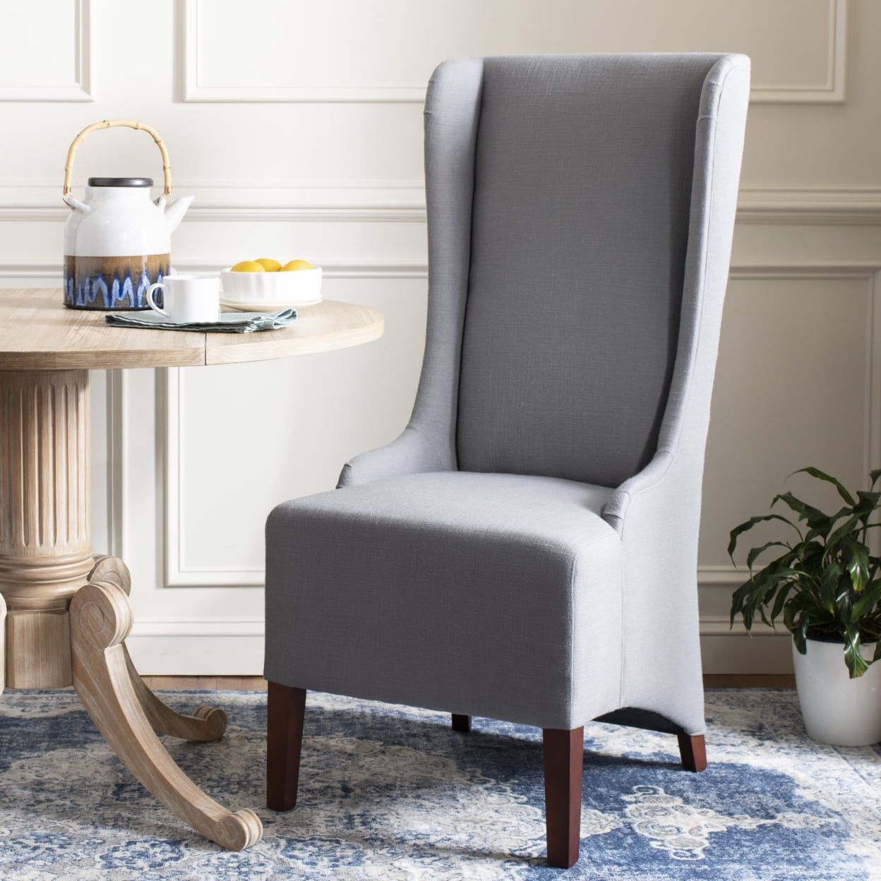 High-Back Arctic Grey Linen Upholstered Side Chair with Cherry Mahogany Legs