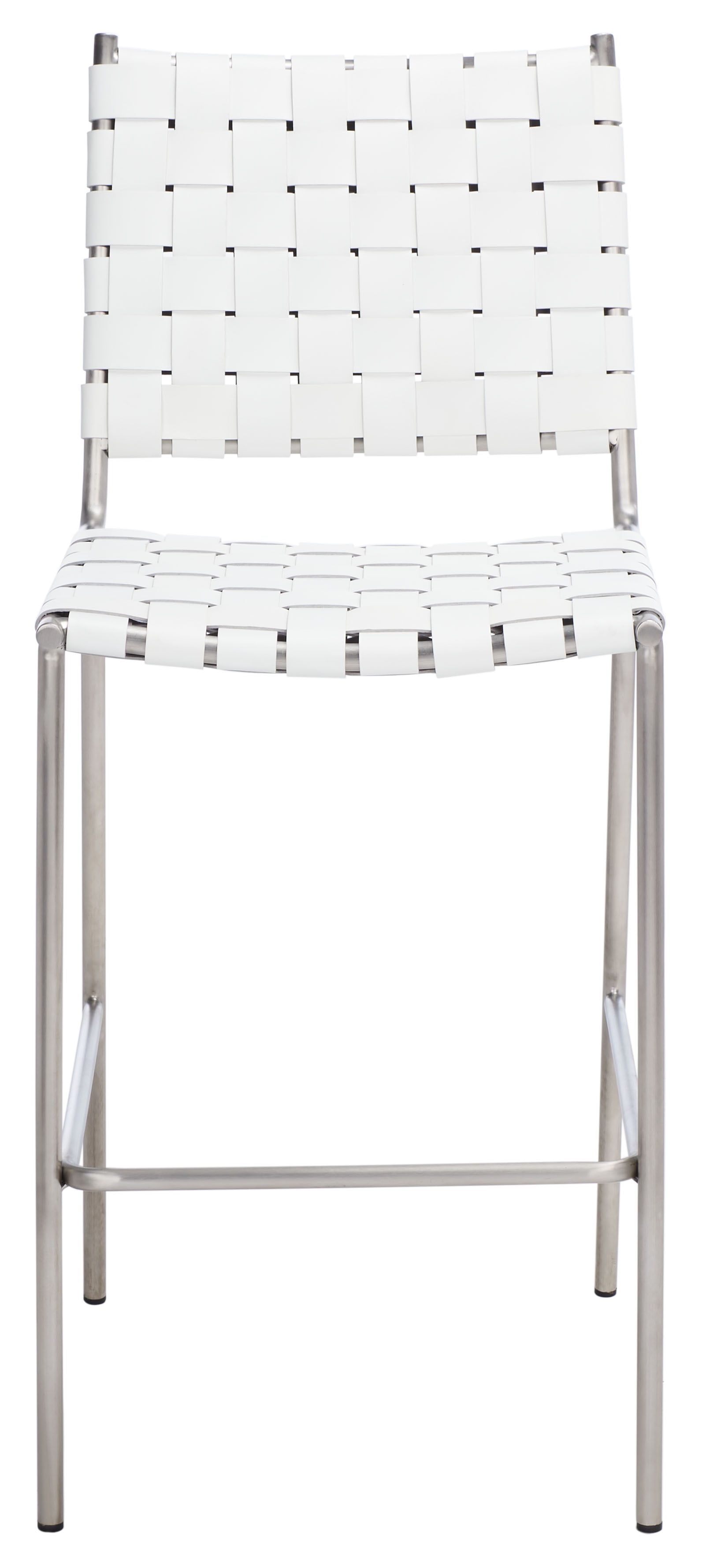 Saddle Style Woven White Leather Counter Stool with Silver Metal Base