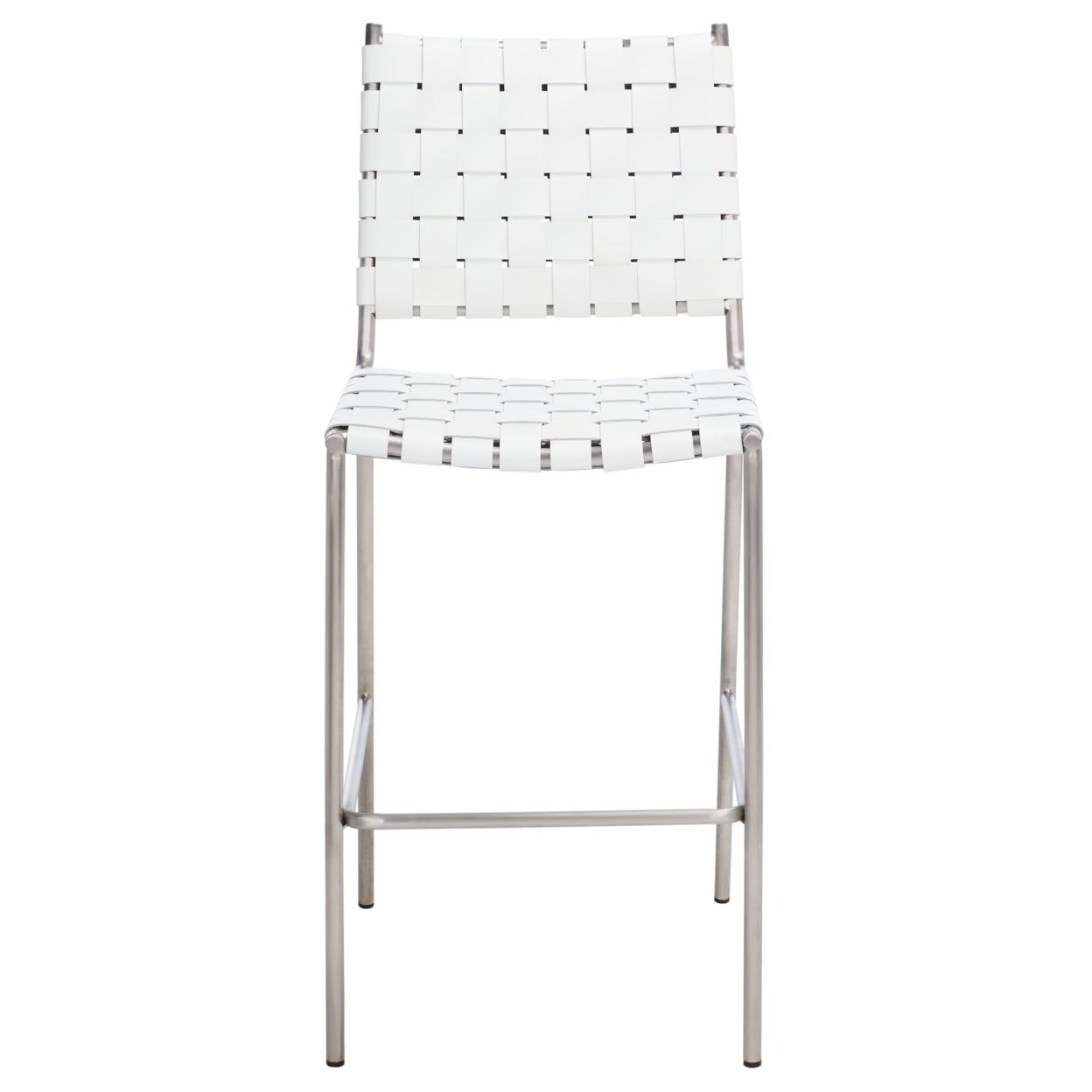 Saddle Style Woven White Leather Counter Stool with Silver Metal Base