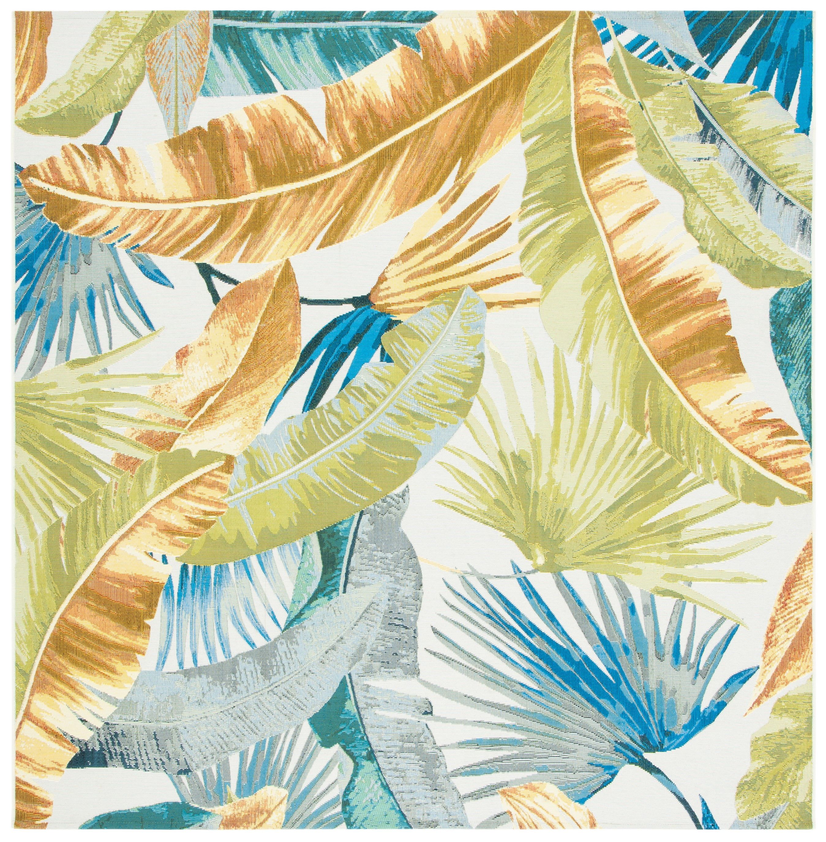 8' Square Gold and Green Tropical Leaf Synthetic Area Rug