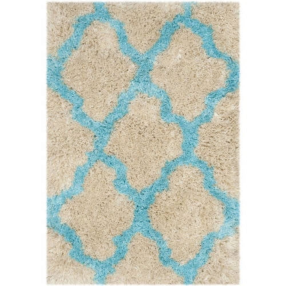 Cream and Blue Hand-Tufted Cotton Shag Rug, 4' x 6'