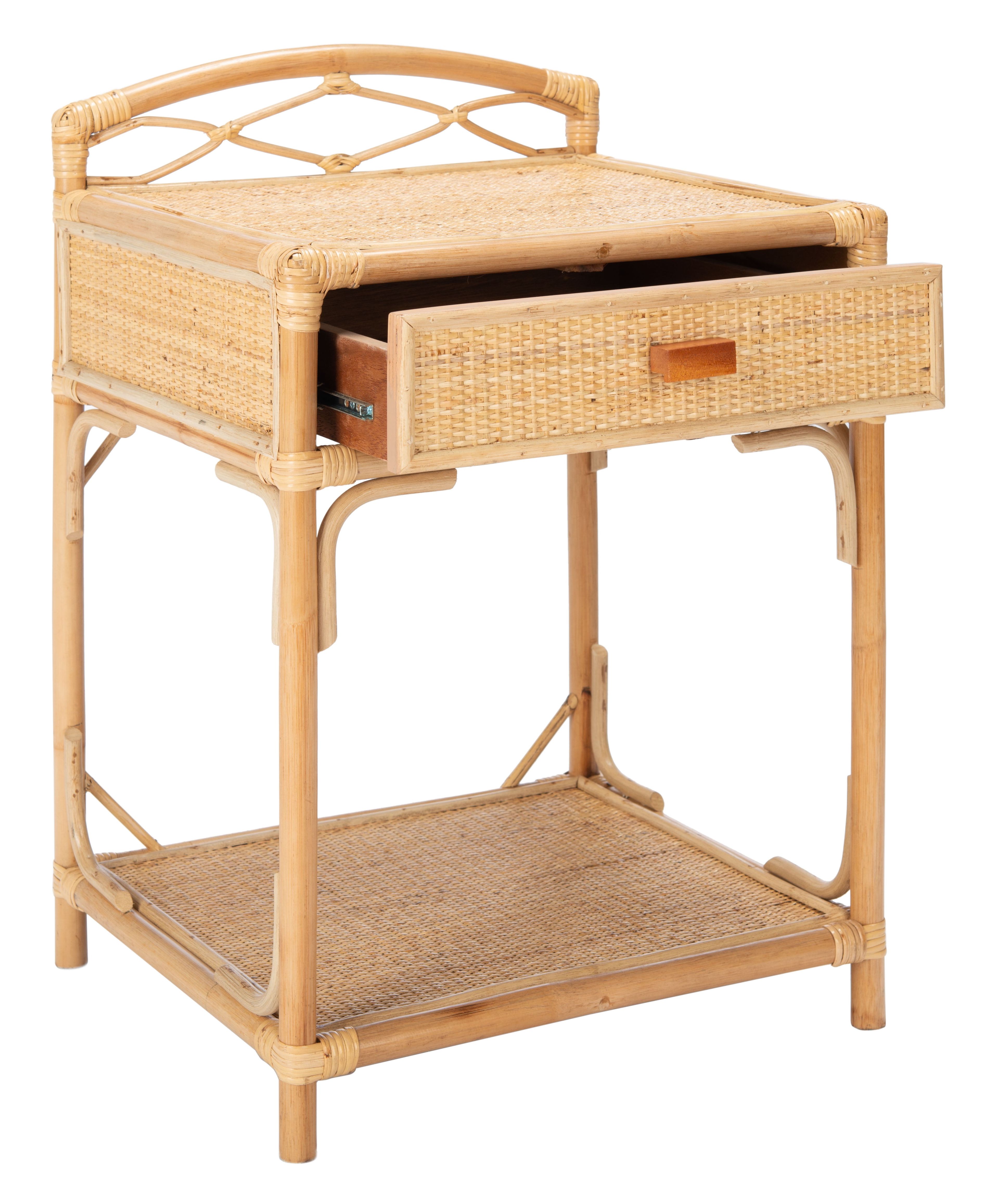 Natural Wood and Rattan Coastal Nightstand with Drawer