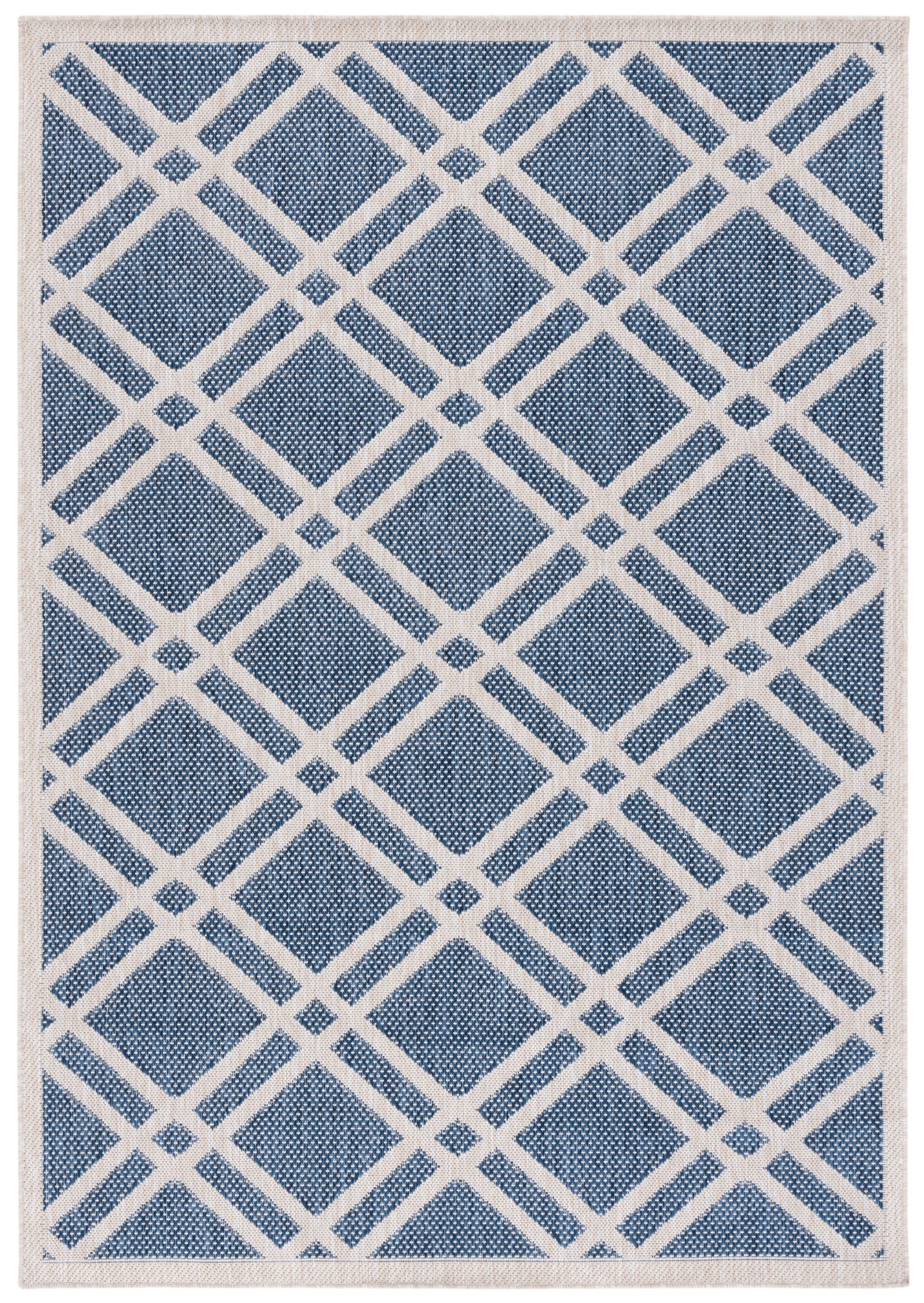 Ivory and Blue Geometric Synthetic Indoor/Outdoor Rug