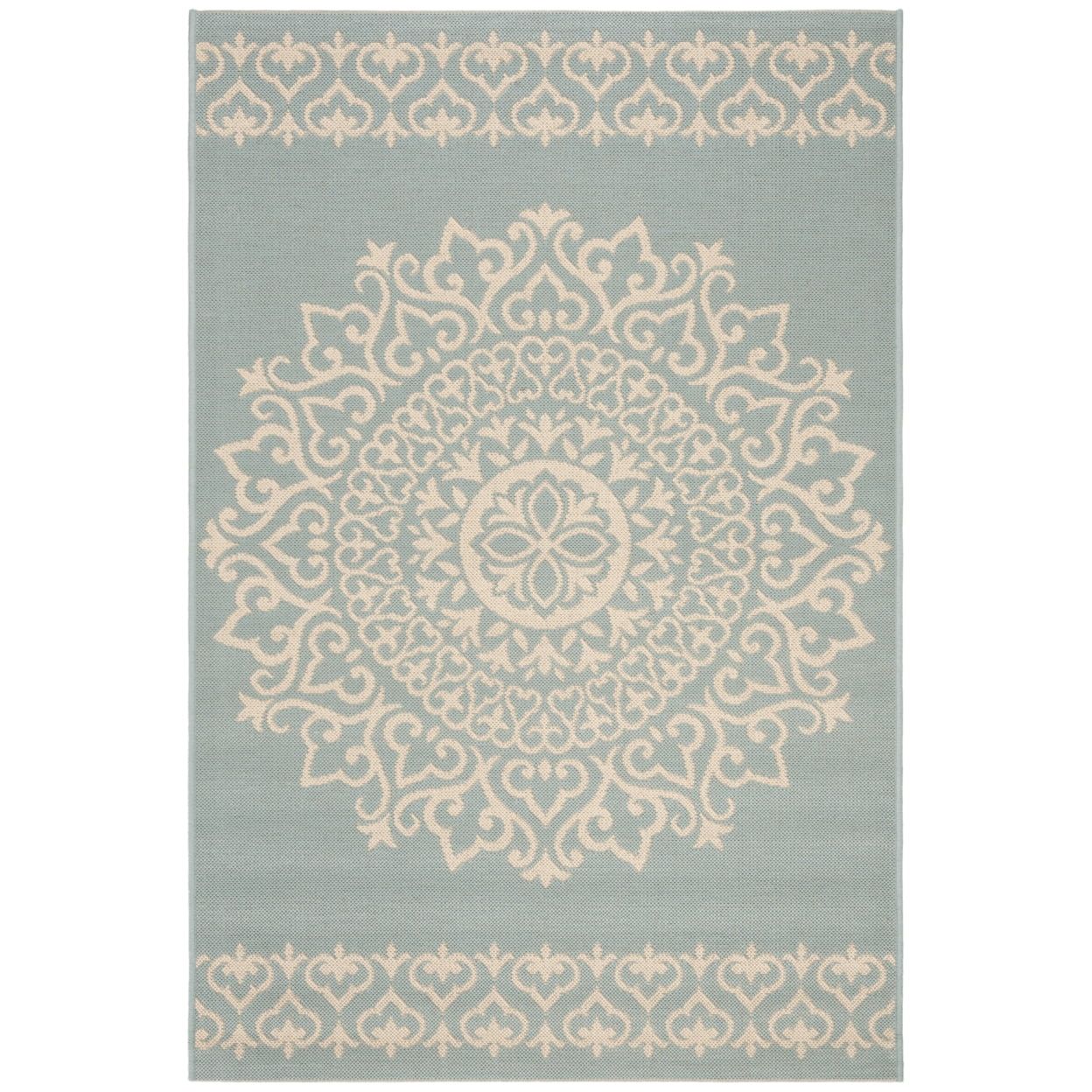 Cream and Aqua Tufted Medallion Indoor/Outdoor Area Rug 4' x 6'