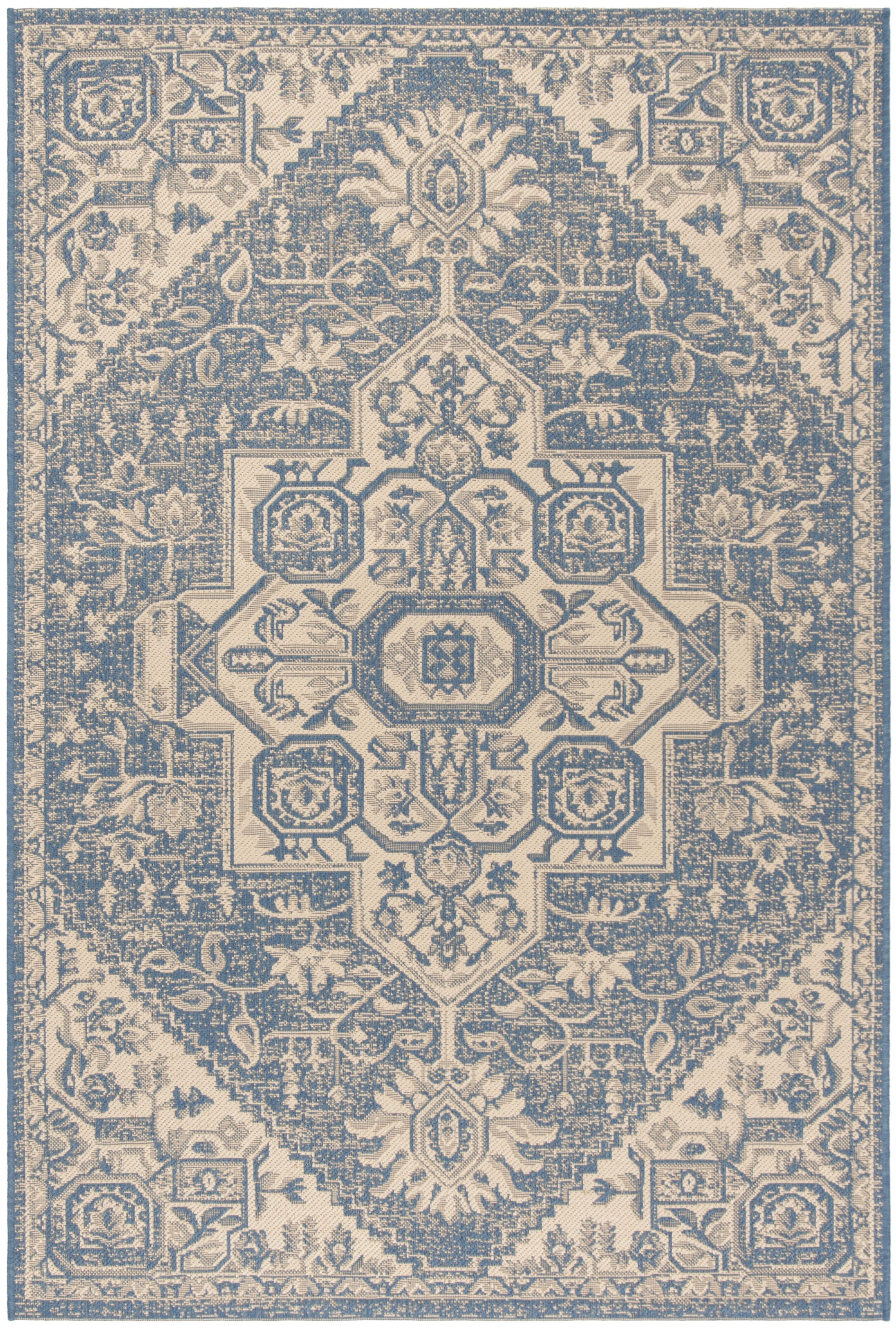 Cream and Blue Synthetic Medallion Indoor/Outdoor Area Rug