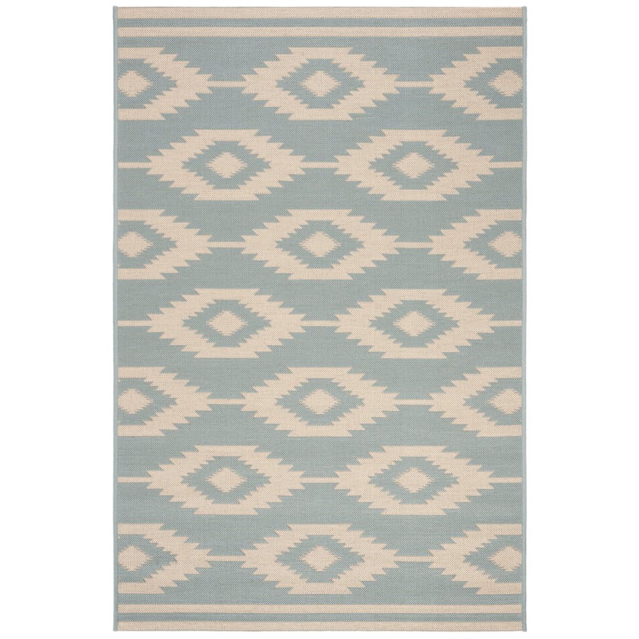 Cream and Aqua Geometric 4' x 6' Stain-Resistant Outdoor Rug