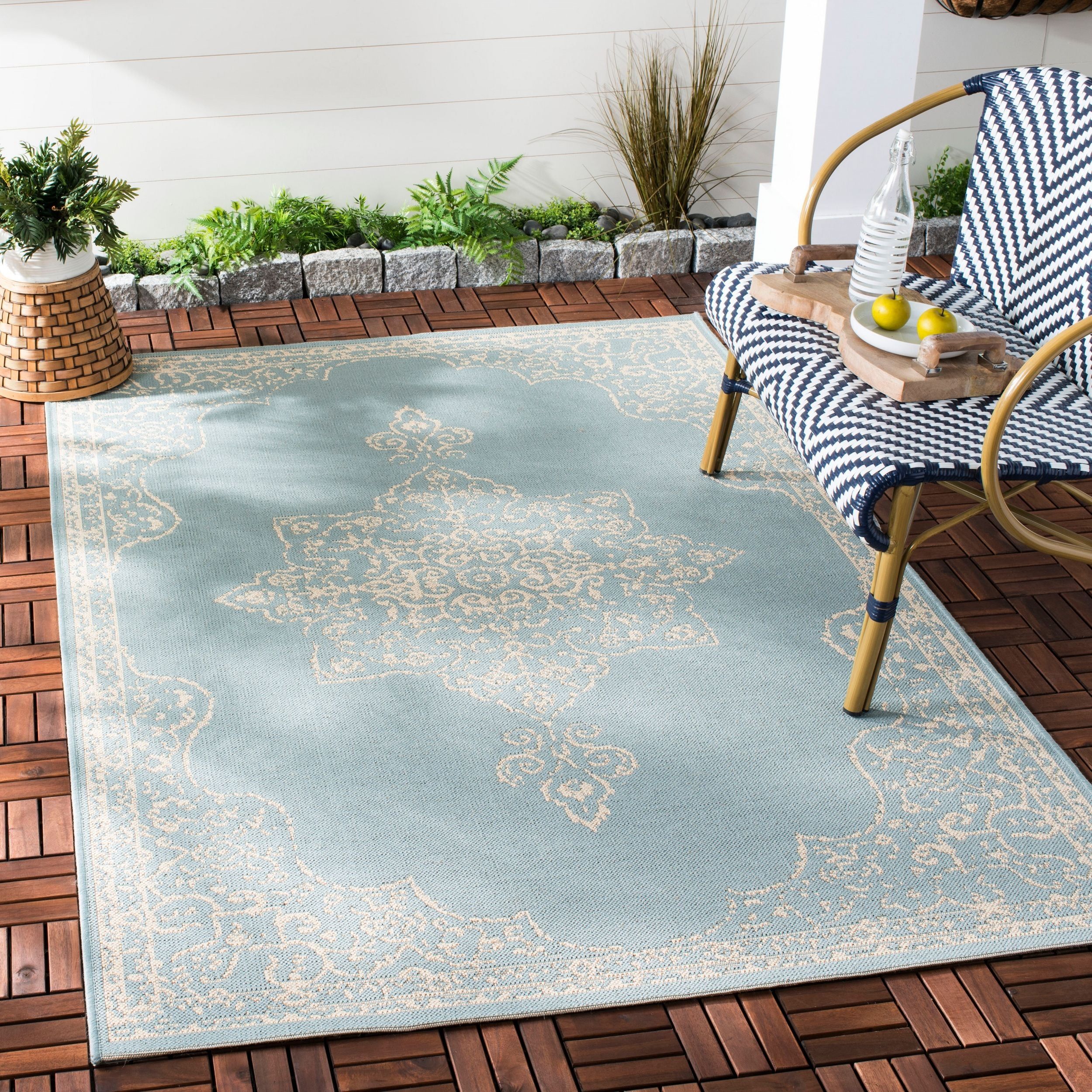 Cream and Aqua Rectangular Stain-Resistant Indoor/Outdoor Rug