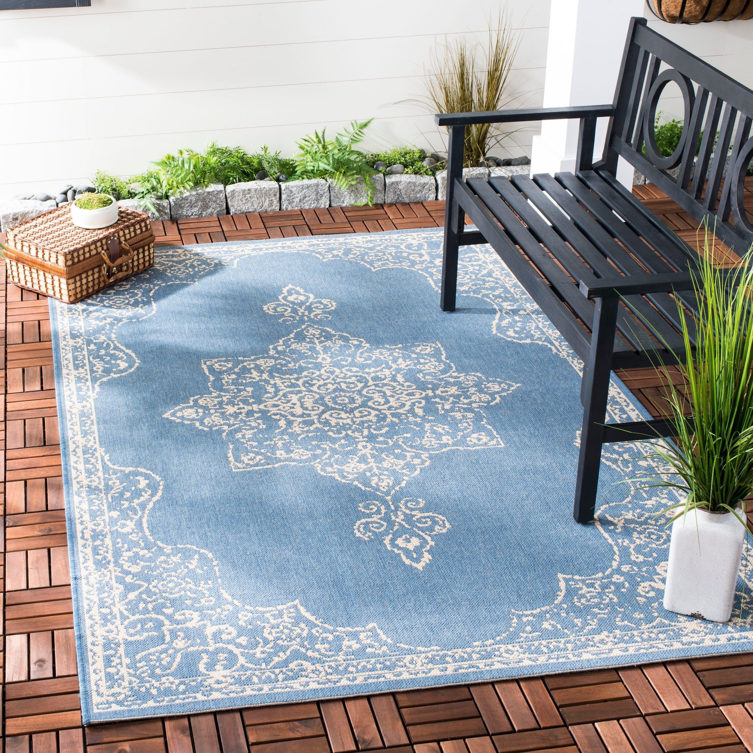 Cream and Blue Rectangular Stain-Resistant Outdoor Rug