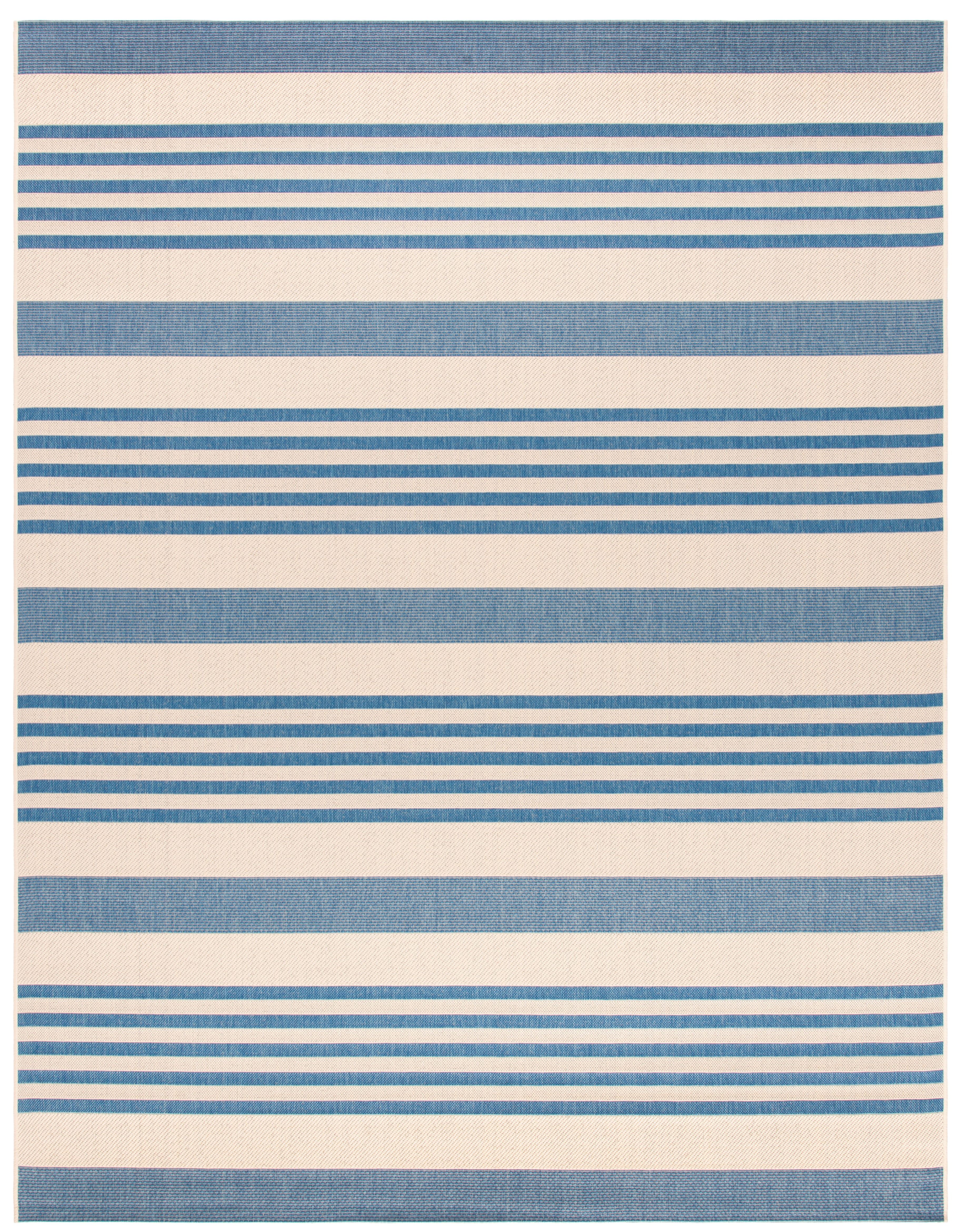 Beige and Blue Striped Synthetic 9' x 12' Rectangular Rug