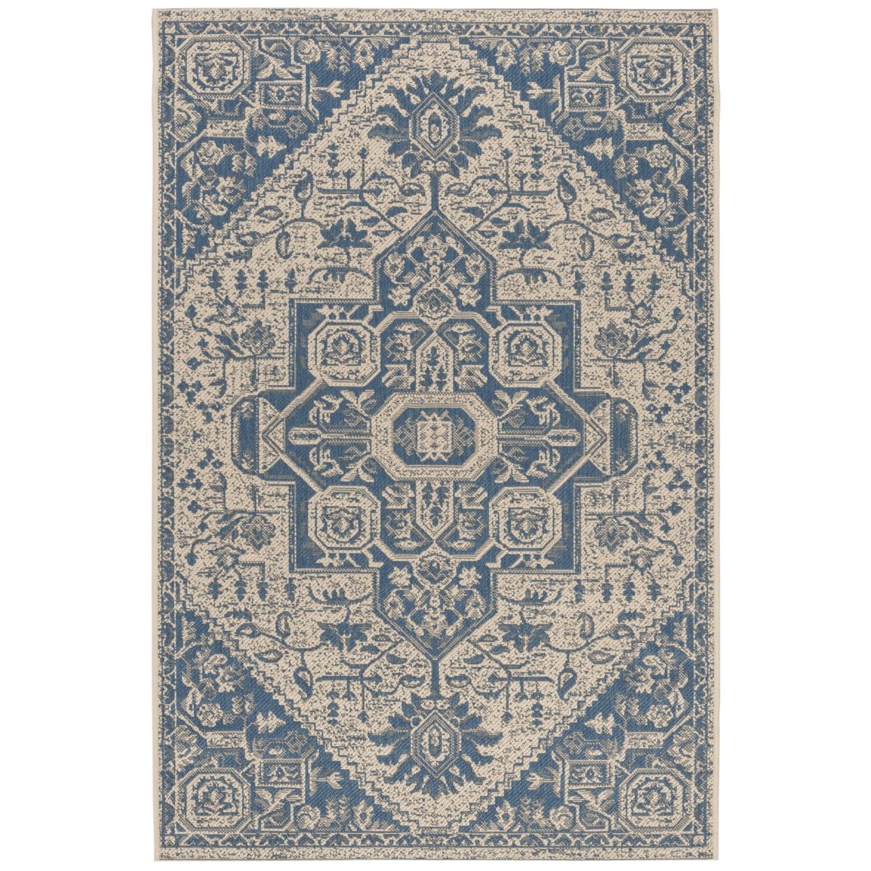 Cream and Blue Synthetic Easy Care Outdoor Rug