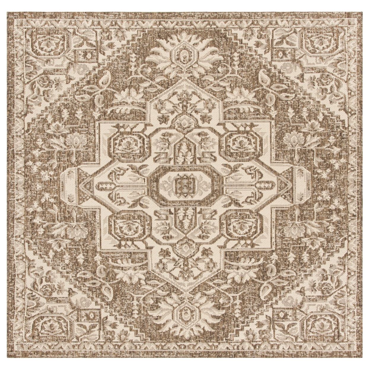 Cream Beige Geometric Square Indoor Outdoor Rug 6'7"