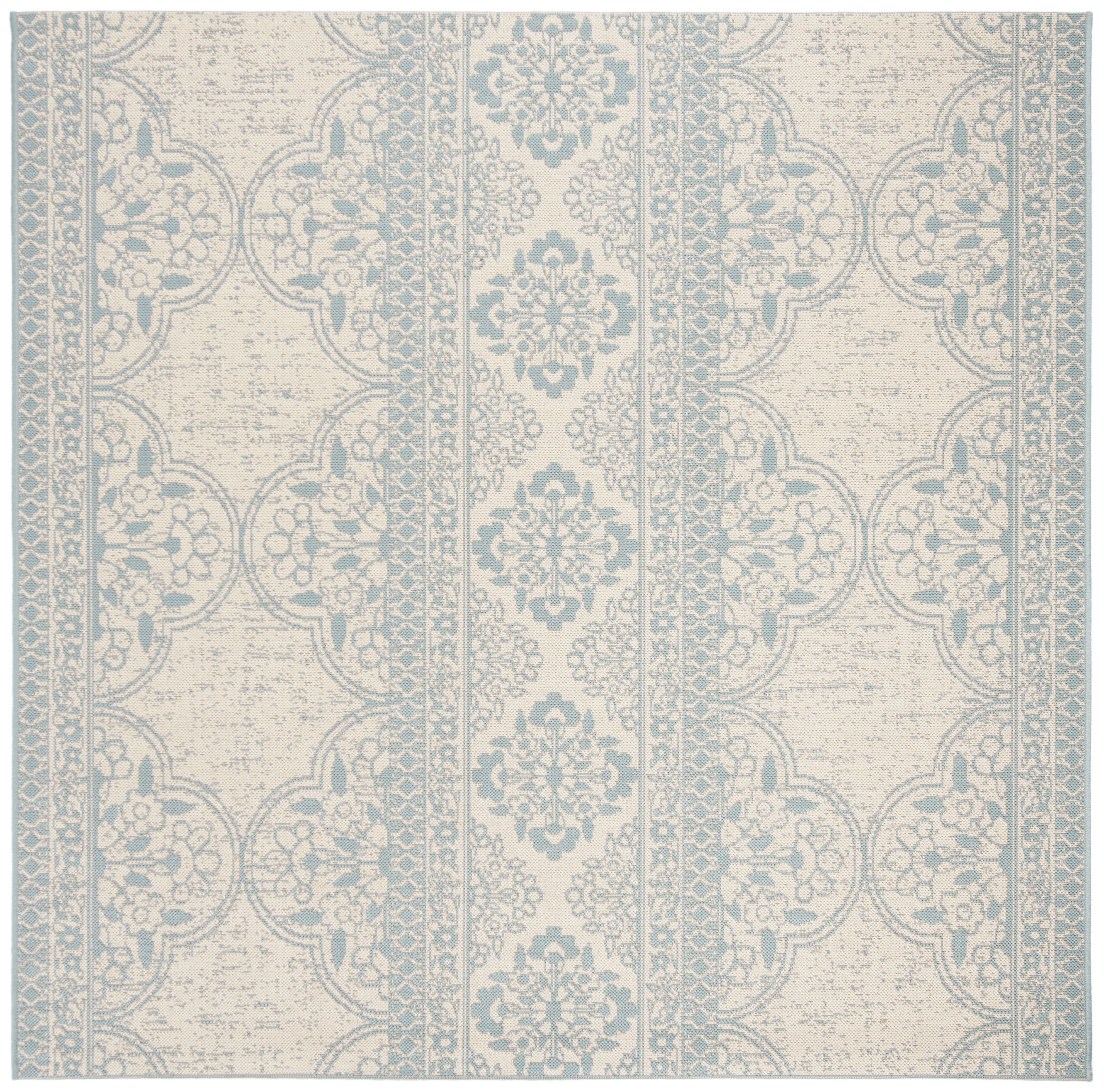Aqua and Cream Geometric Synthetic Square Area Rug, 4' x 4'
