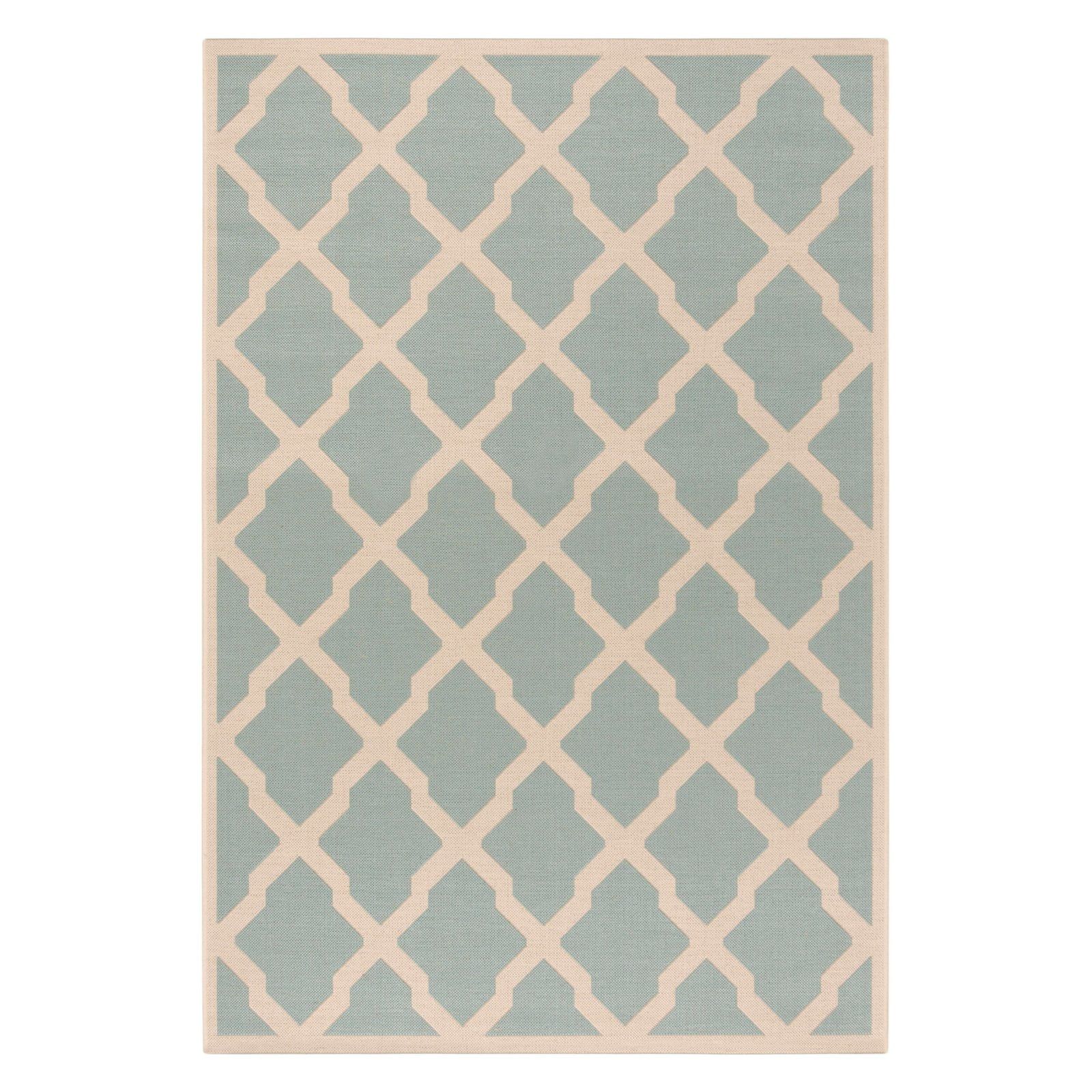 Aqua and Cream Geometric Indoor/Outdoor Area Rug, 5'3" x 7'6"