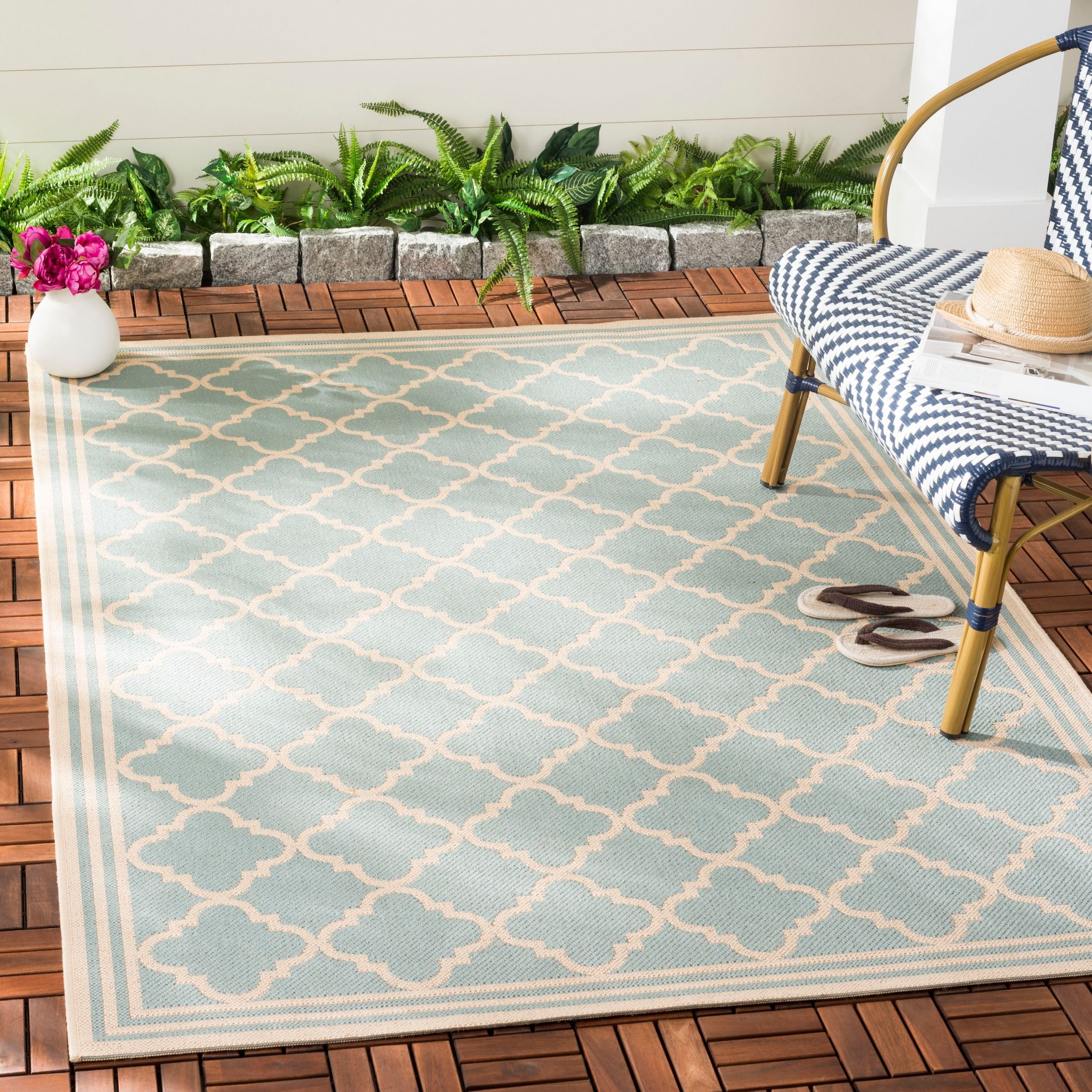 Aqua and Cream Trellis 3' x 5' Indoor/Outdoor Area Rug