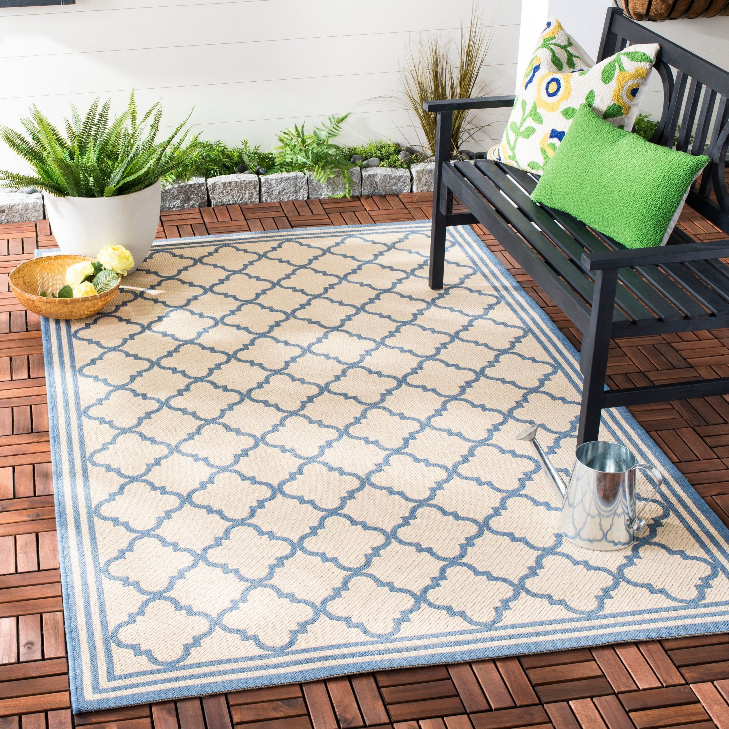 Cream and Blue Geometric Synthetic Indoor/Outdoor Area Rug