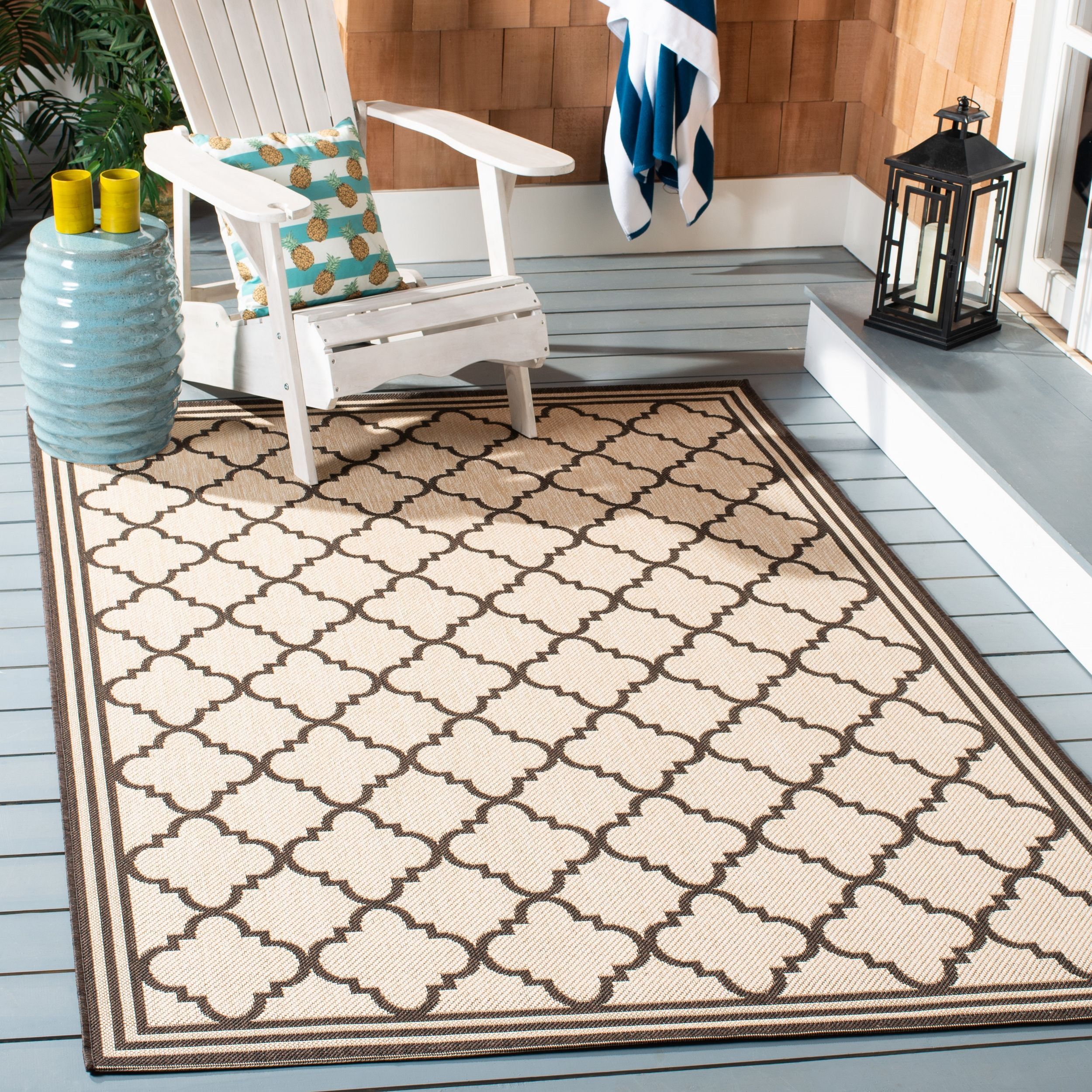 Cream and Brown Geometric Indoor/Outdoor Area Rug