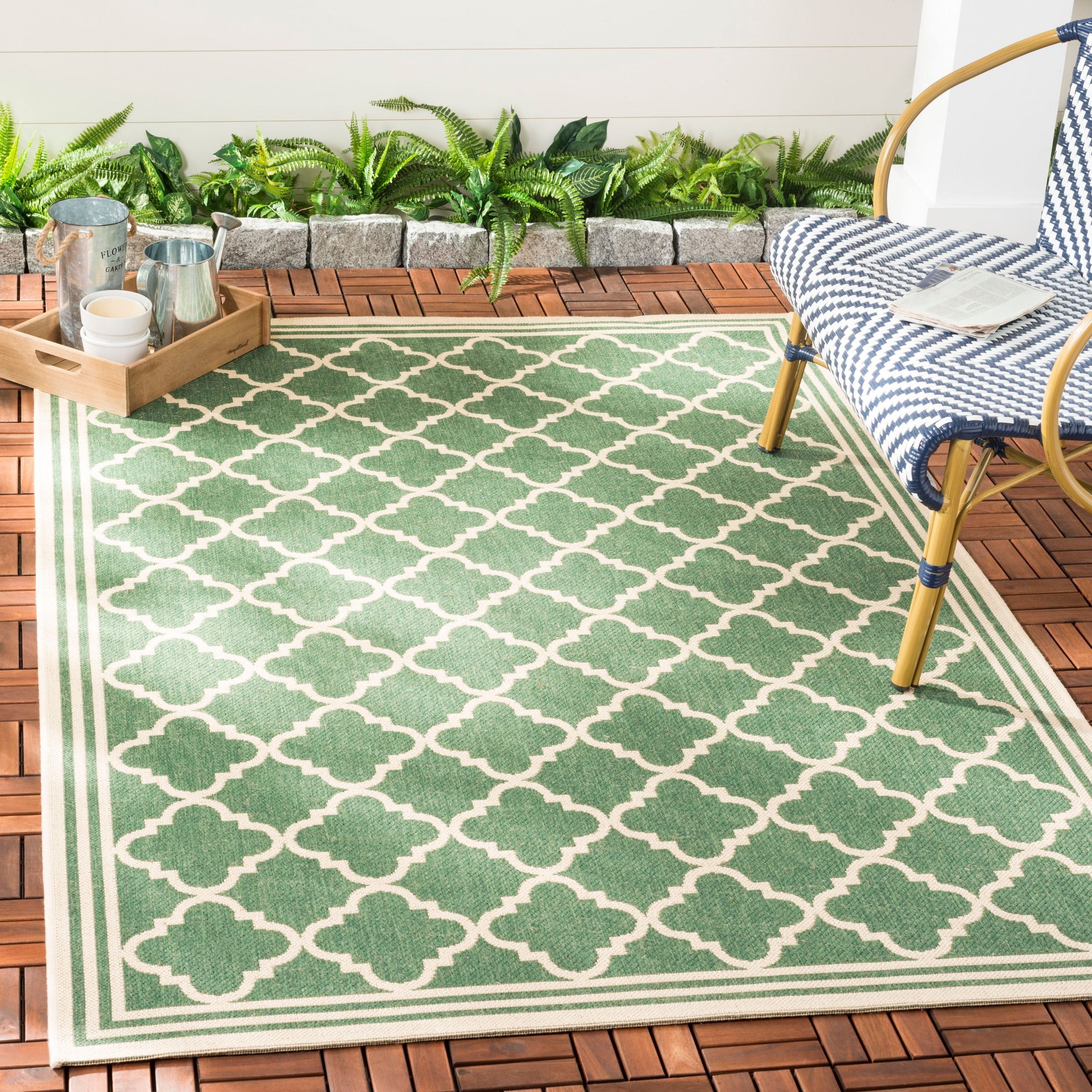 79" Square Blue Geometric Stain-Resistant Outdoor Rug