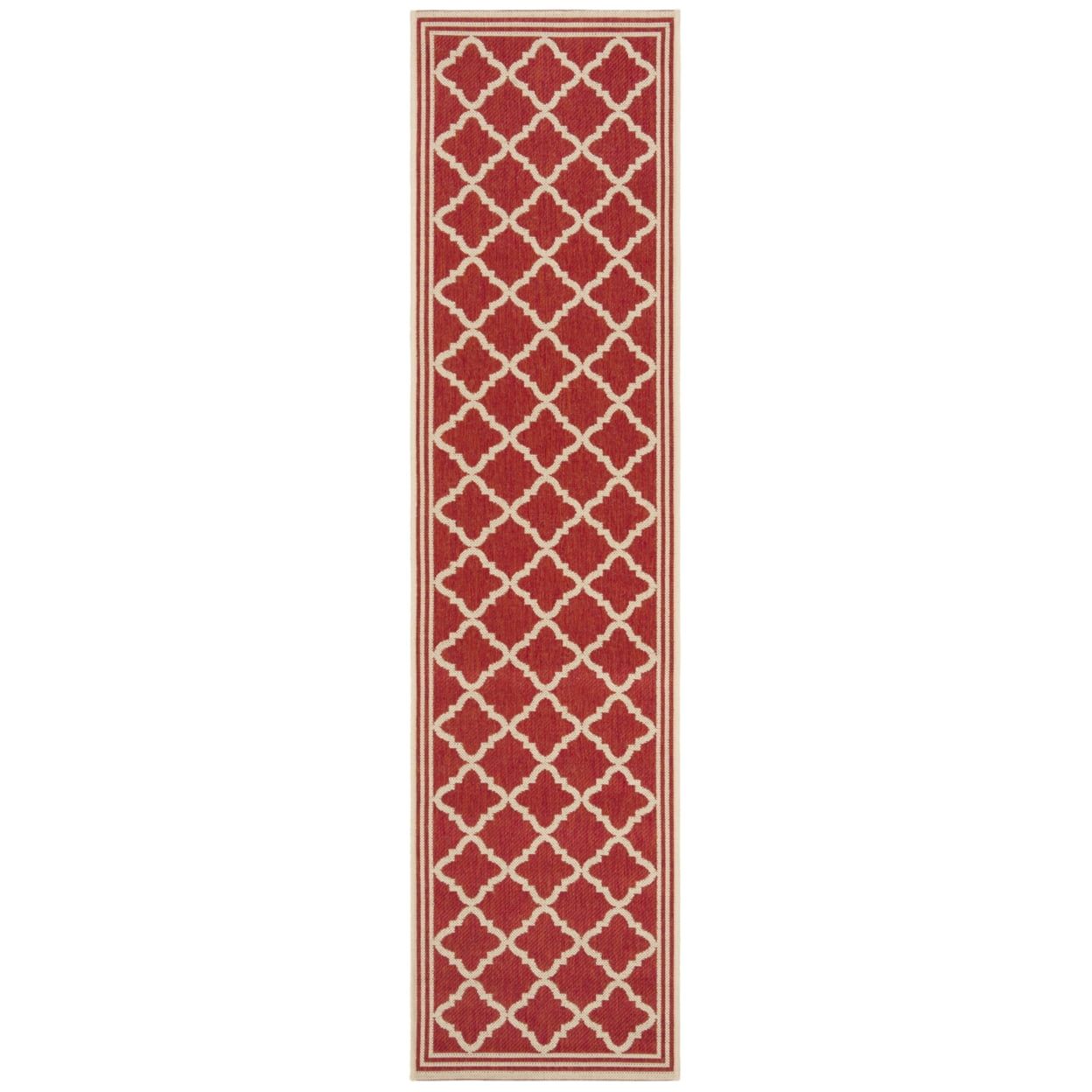 Geometric Red & Cream Synthetic 2' x 8' Easy-Care Runner Rug