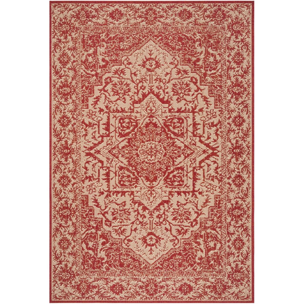 Red and Cream Synthetic Non-Slip Round Area Rug