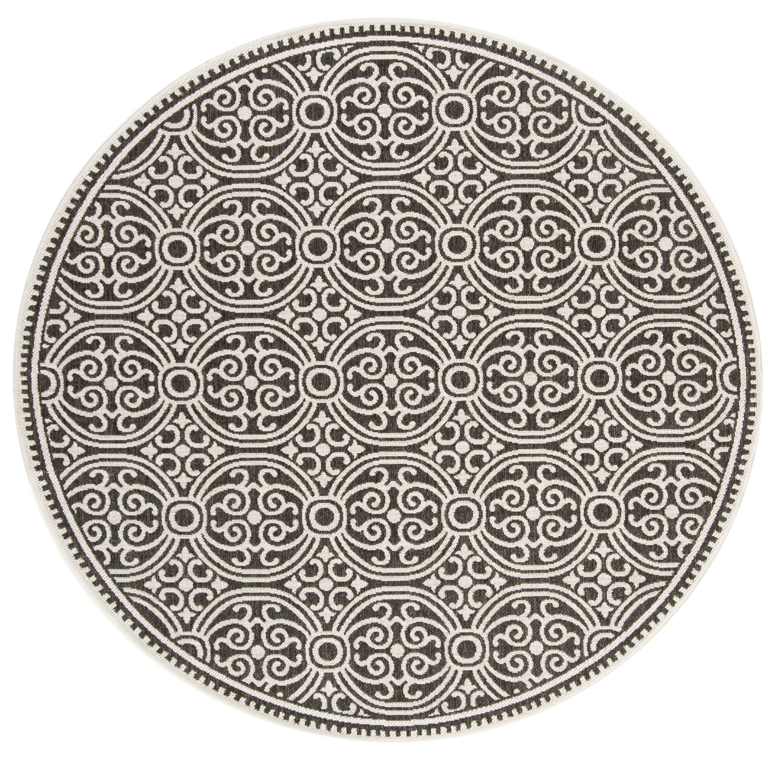 Round Light Grey and Charcoal Synthetic Medallion Area Rug