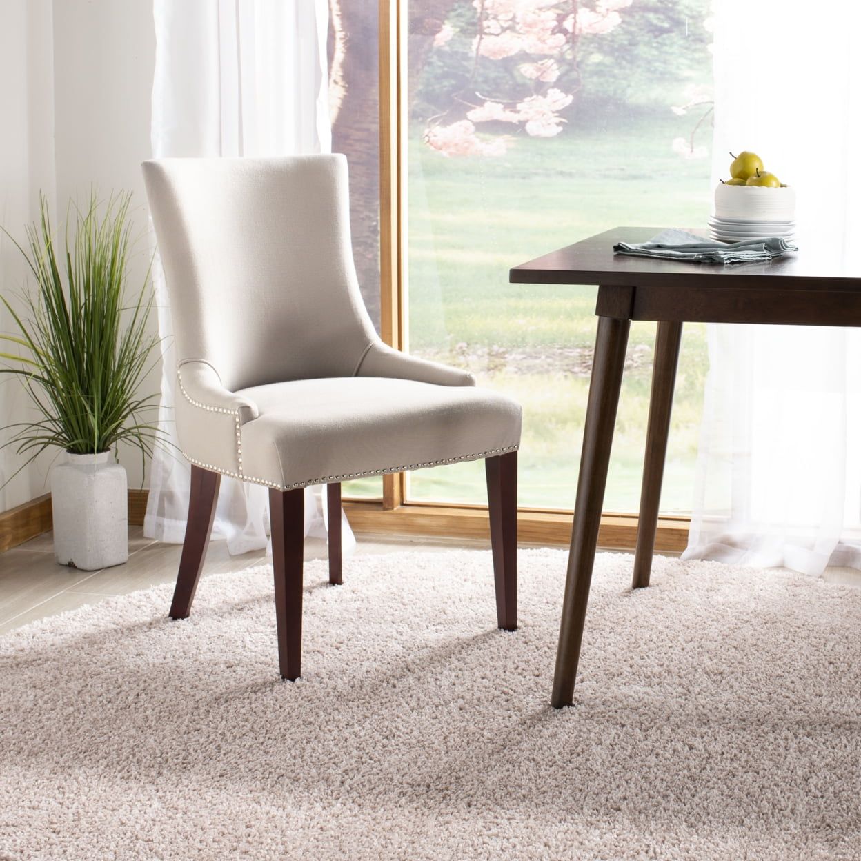 Beige Linen Upholstered High Back Side Chair