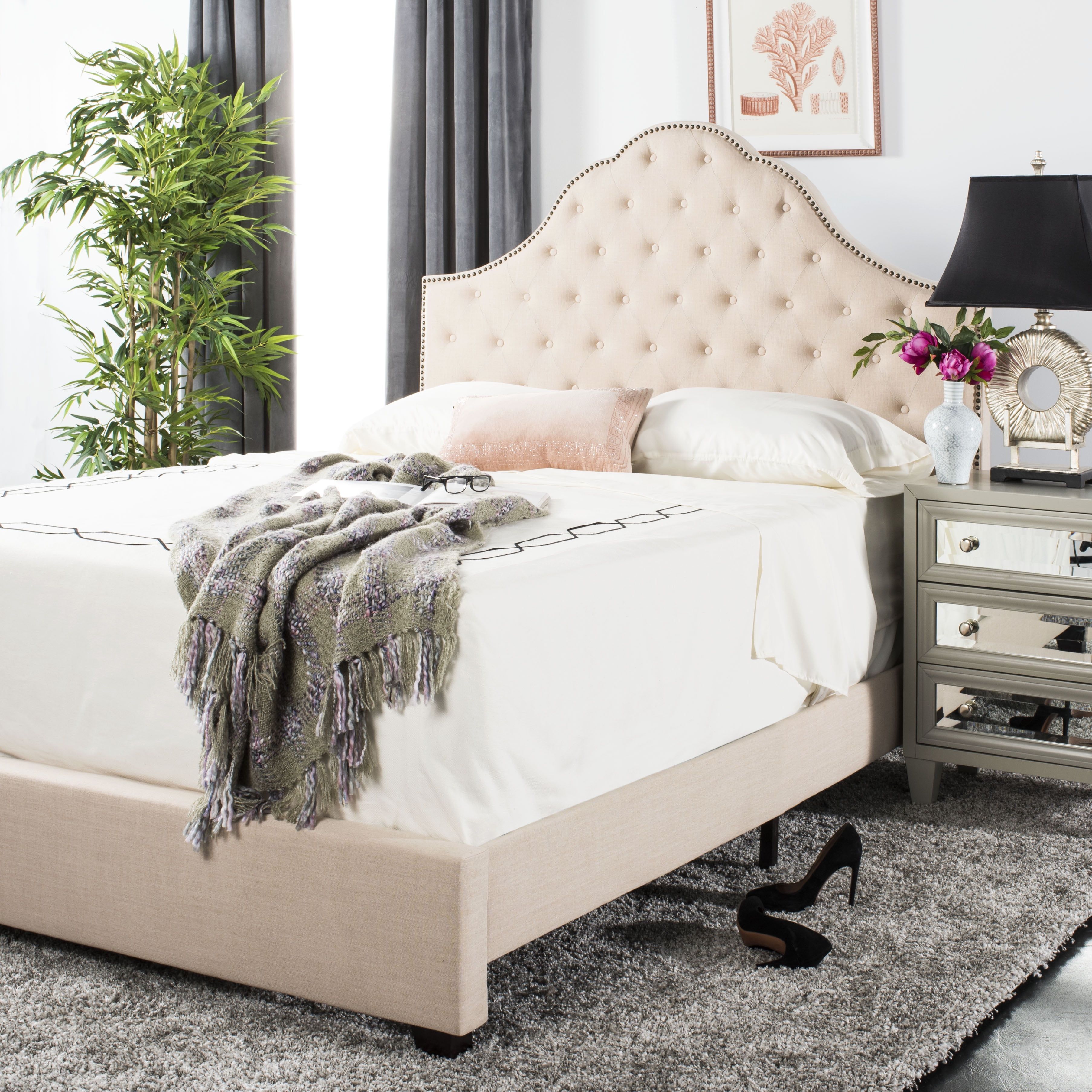 Beige Transitional Full Platform Bed with Tufted Velvet Upholstery