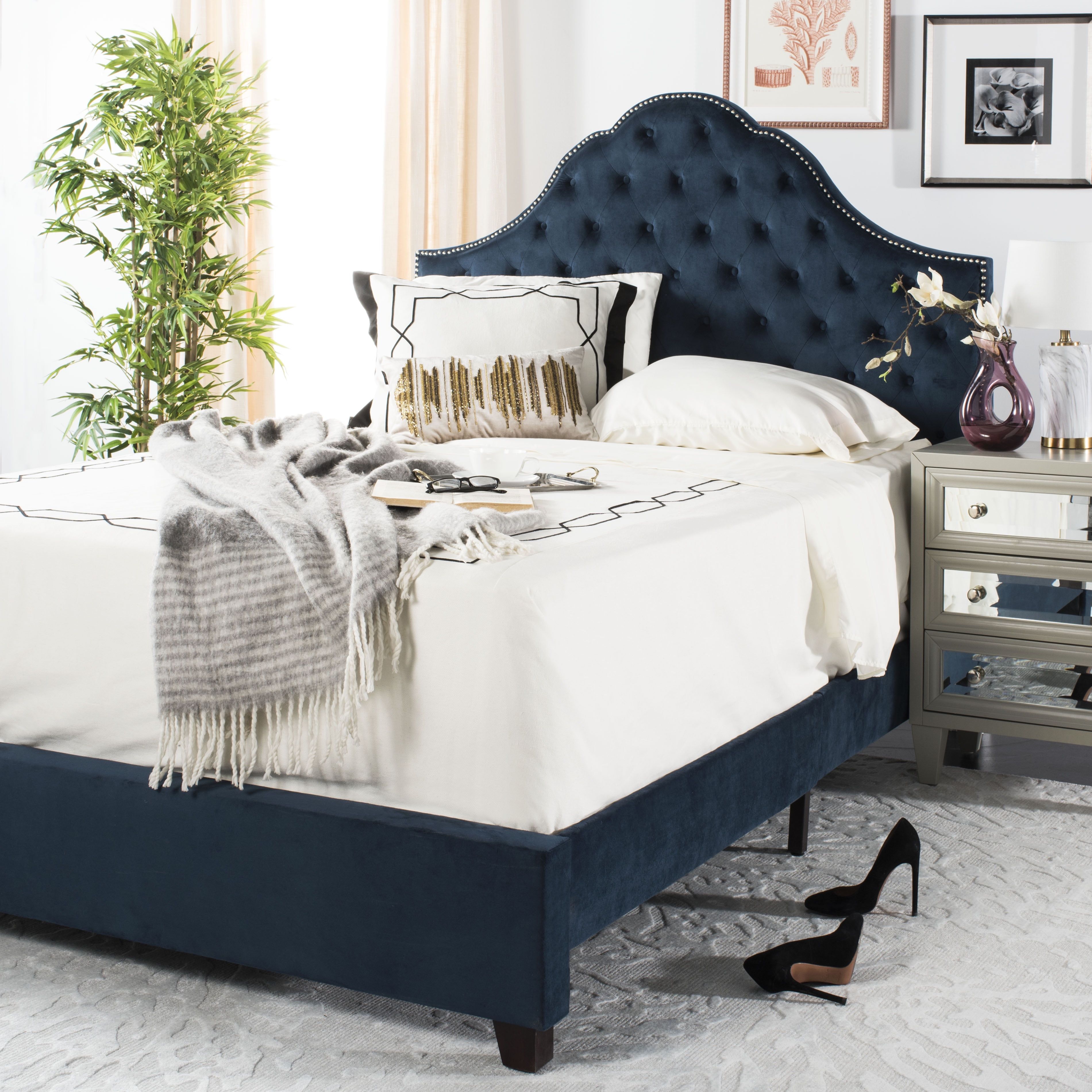 Navy Velvet Tufted Queen Bed with Nailhead Trim