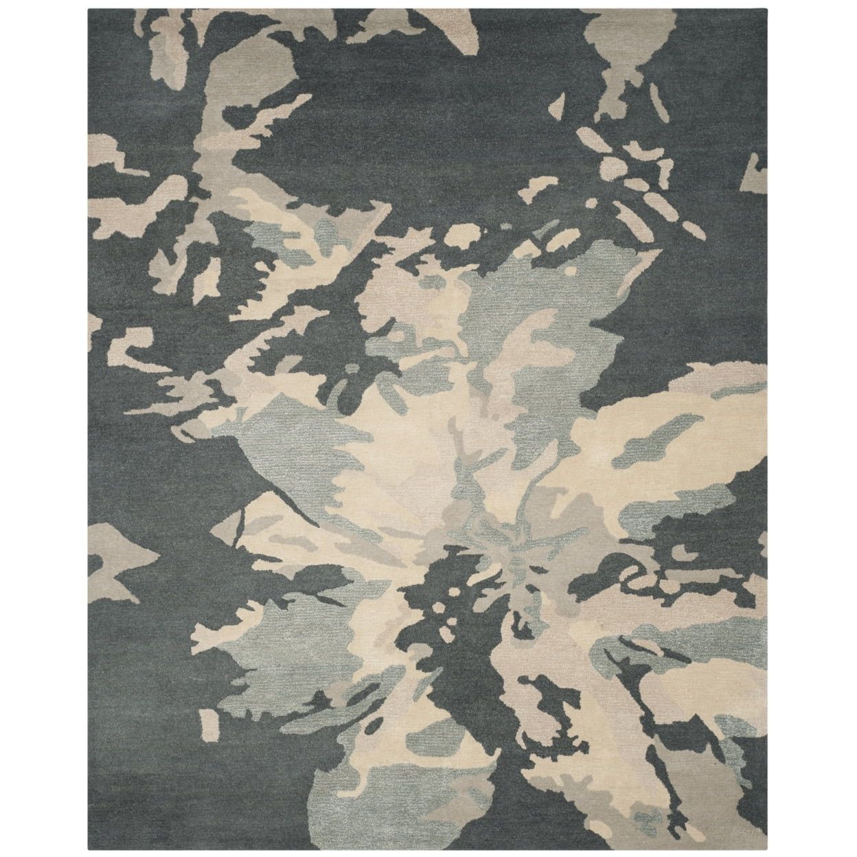 Steel Blue Abstract Floral Hand-Tufted Wool Runner Rug