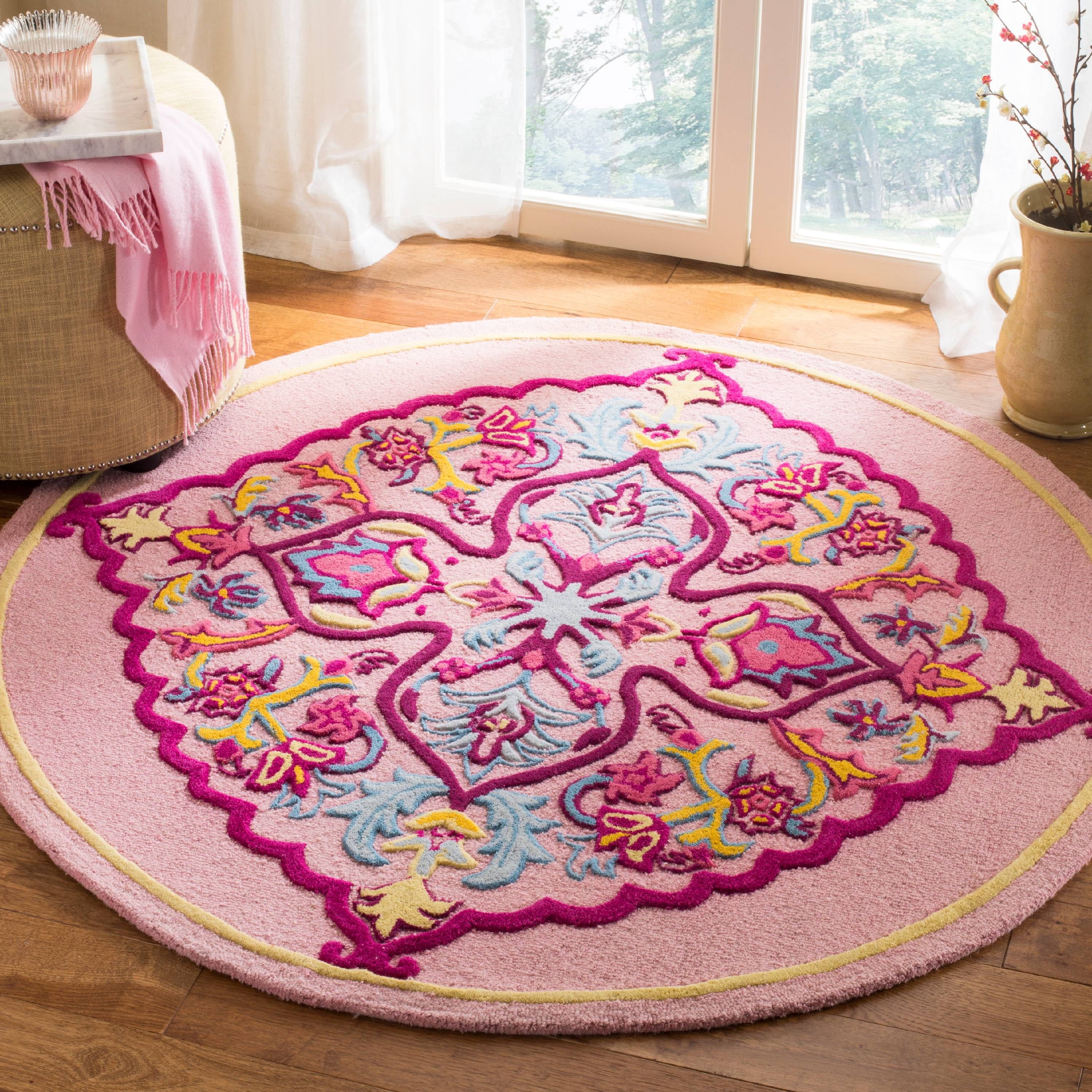 Handmade Tufted Blue Floral Wool Round Rug