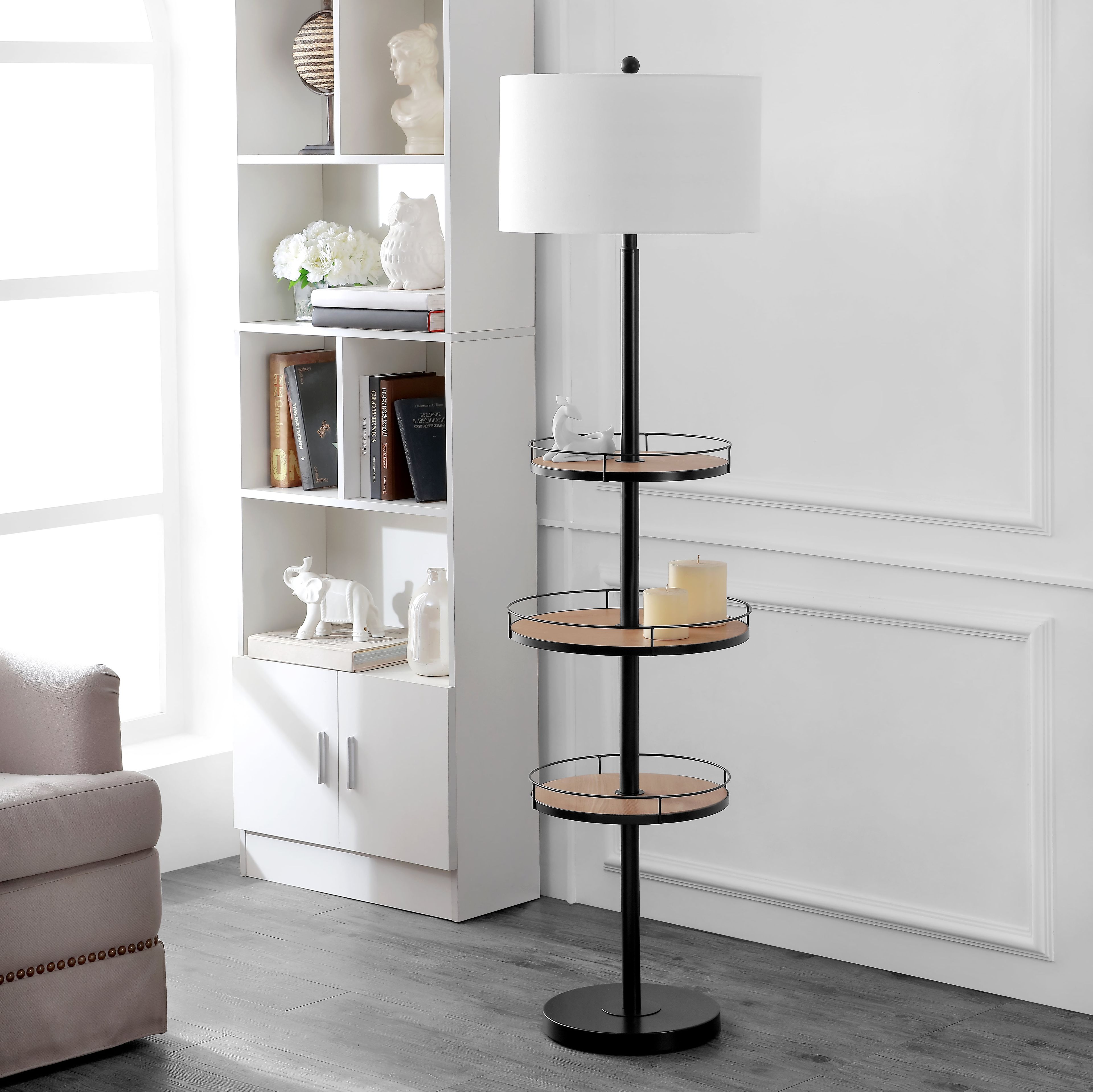 Matte Black 3-Shelf Floor Lamp with Wood Shelves