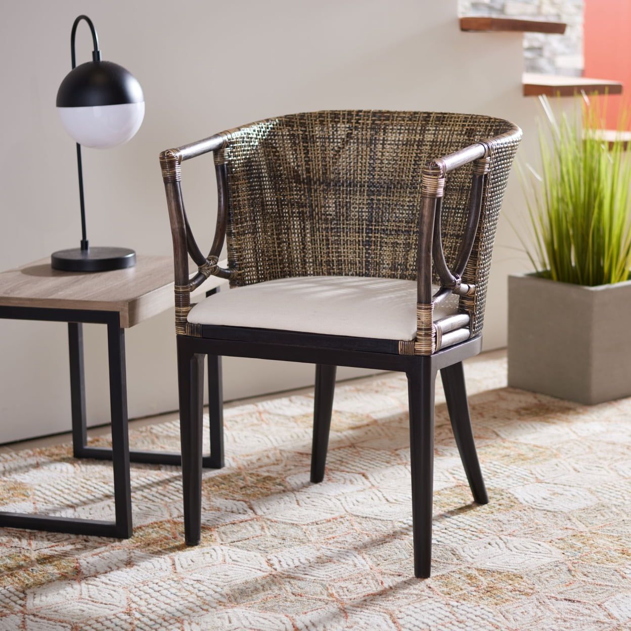 Transitional Buenos Aires Inspired Rattan Barrel Armchair, Brown/White