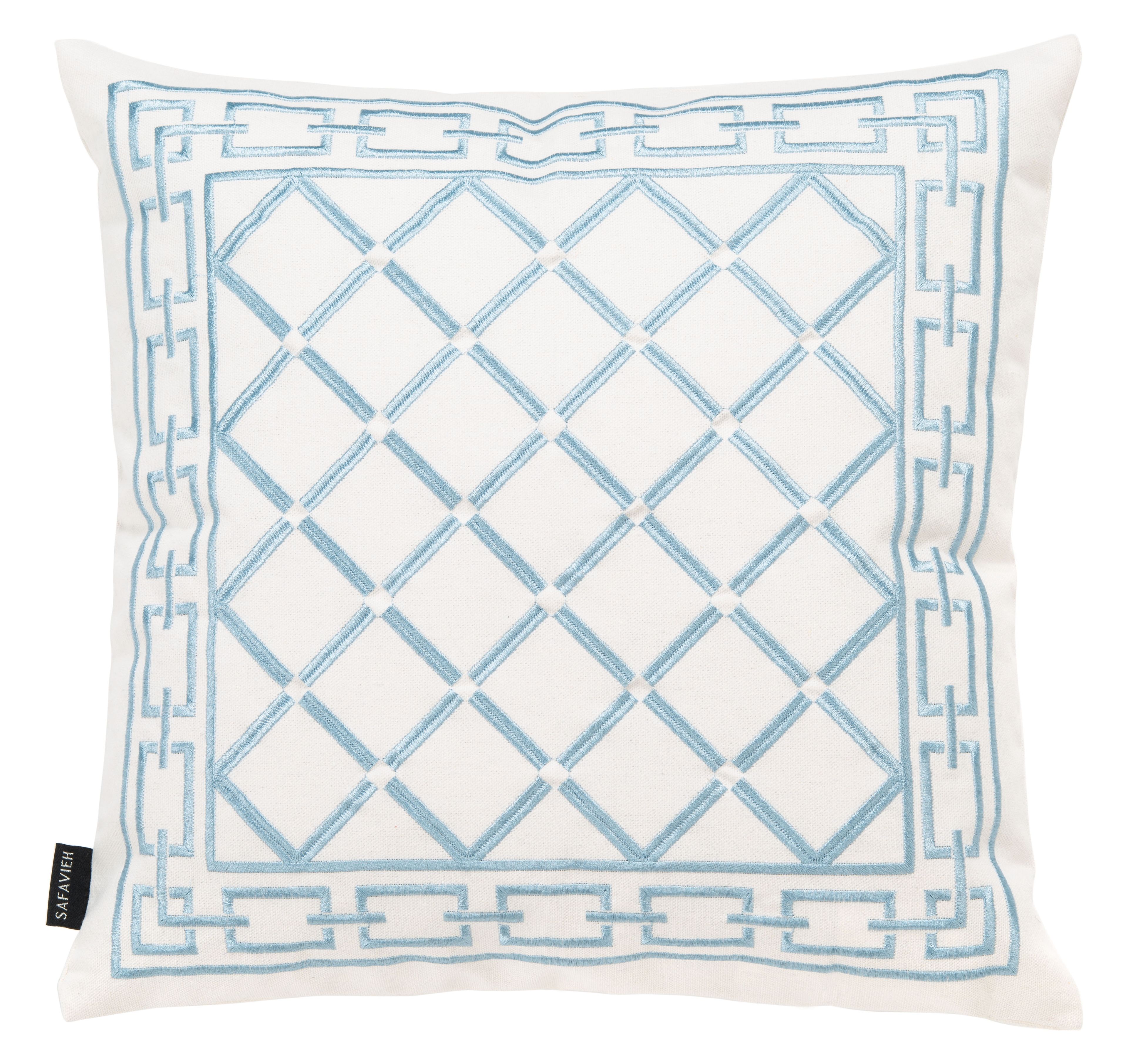 Blue and White Embroidered Cotton Square Throw Pillow