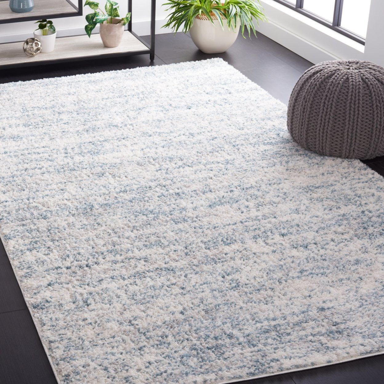 Ivory and Light Aqua Abstract Shag Synthetic Area Rug, 9' x 12'