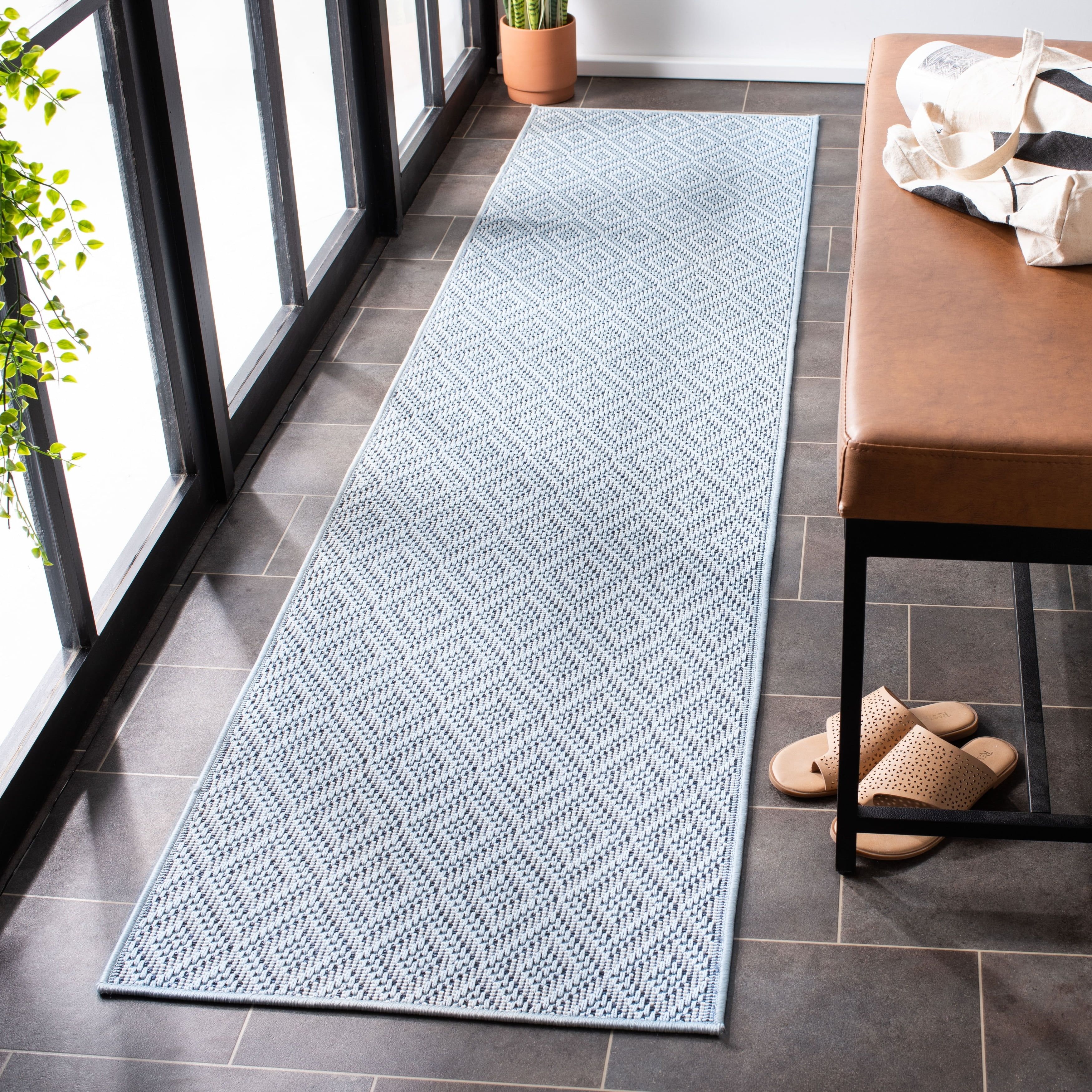 Elegant Light Blue and Cream Flat Woven Outdoor Runner Rug, 2' x 8'