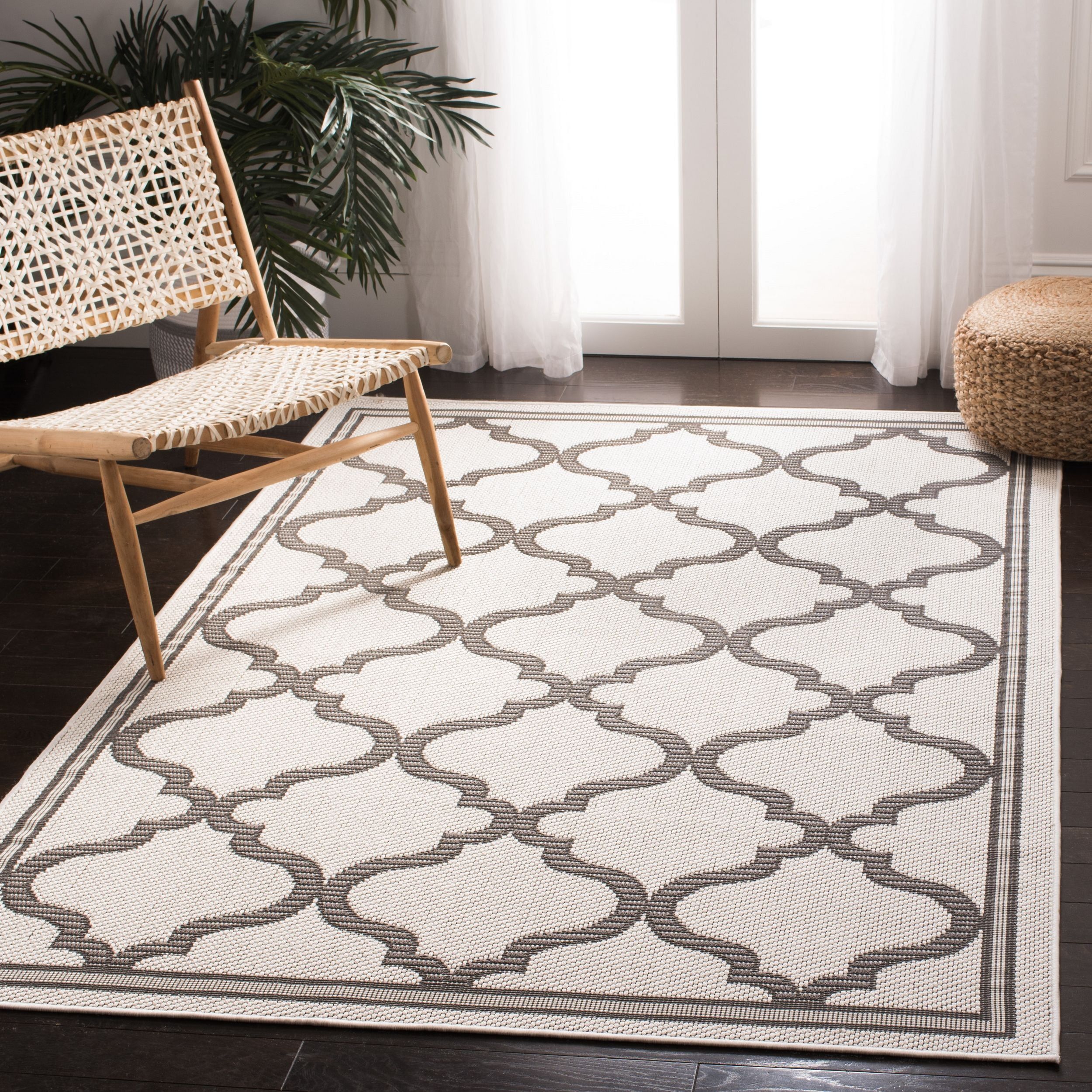 Ivory and Grey Square Synthetic Washable Area Rug
