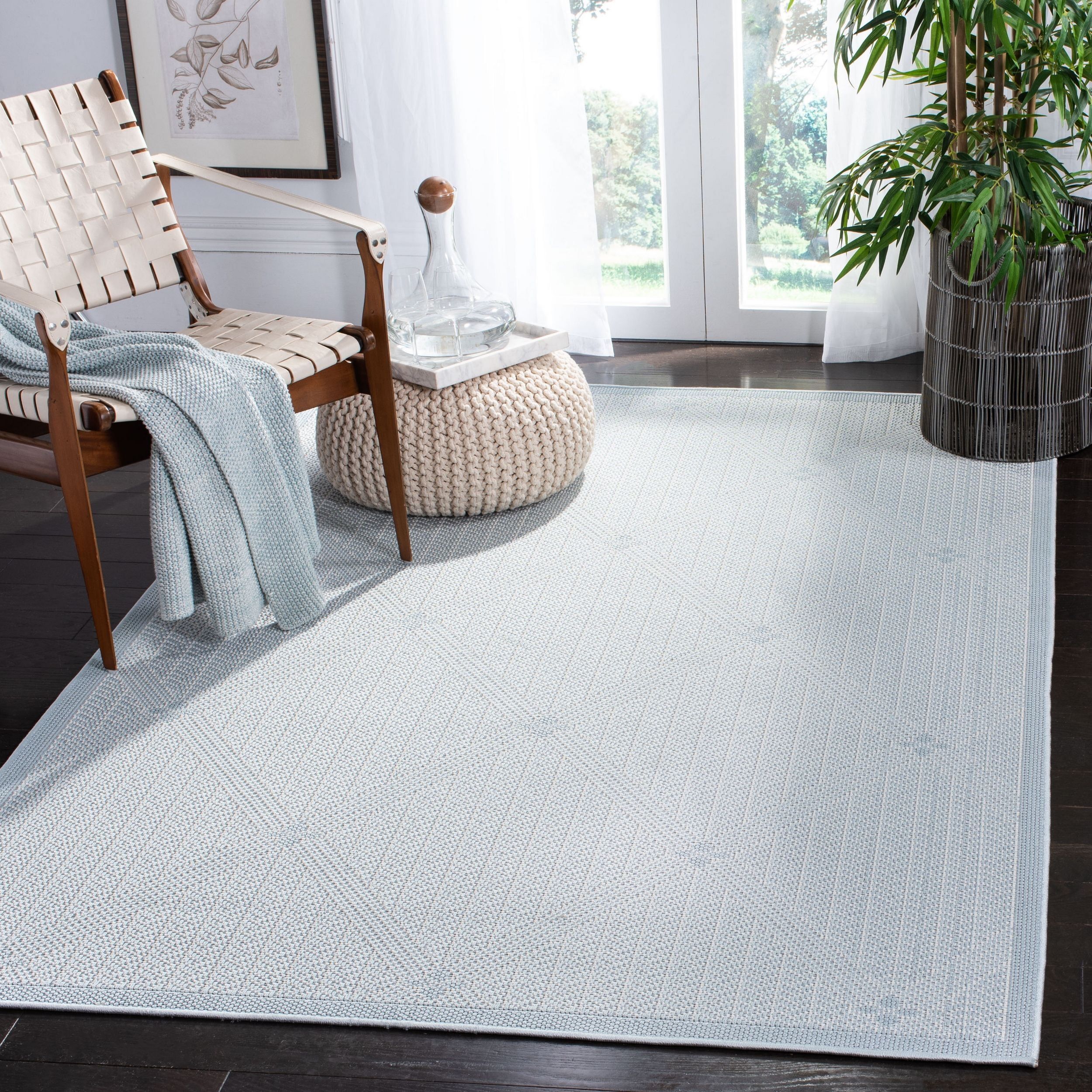 Light Blue/Ivory Synthetic 78'' Square Easy-Care Area Rug