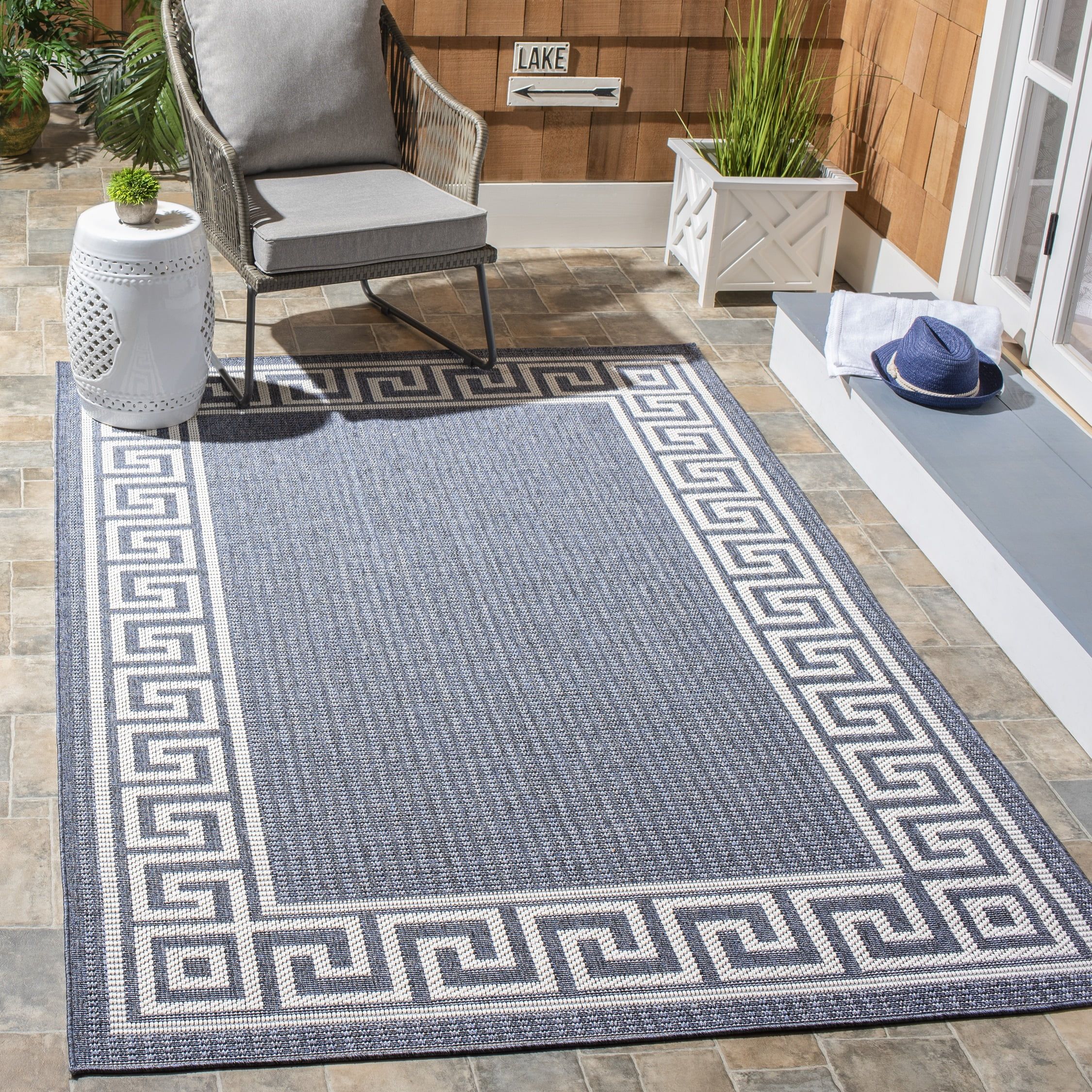 Dark Blue and Ivory Geometric 9' x 12' Synthetic Area Rug