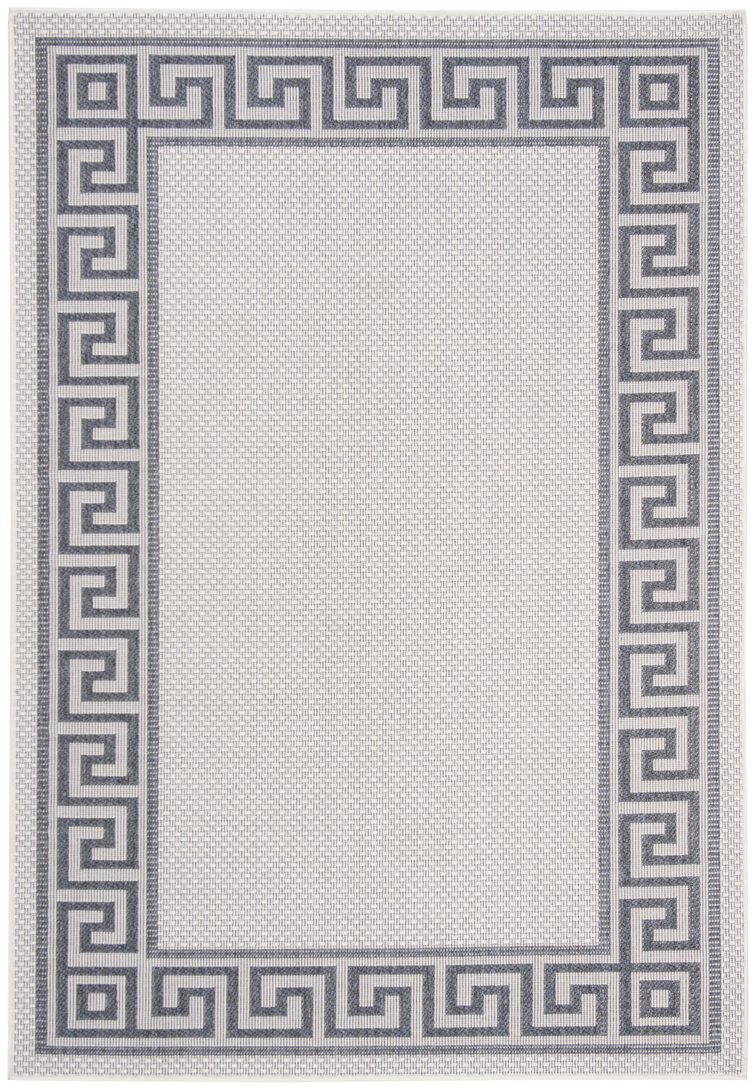 Ivory and Blue Geometric Synthetic Indoor/Outdoor Area Rug