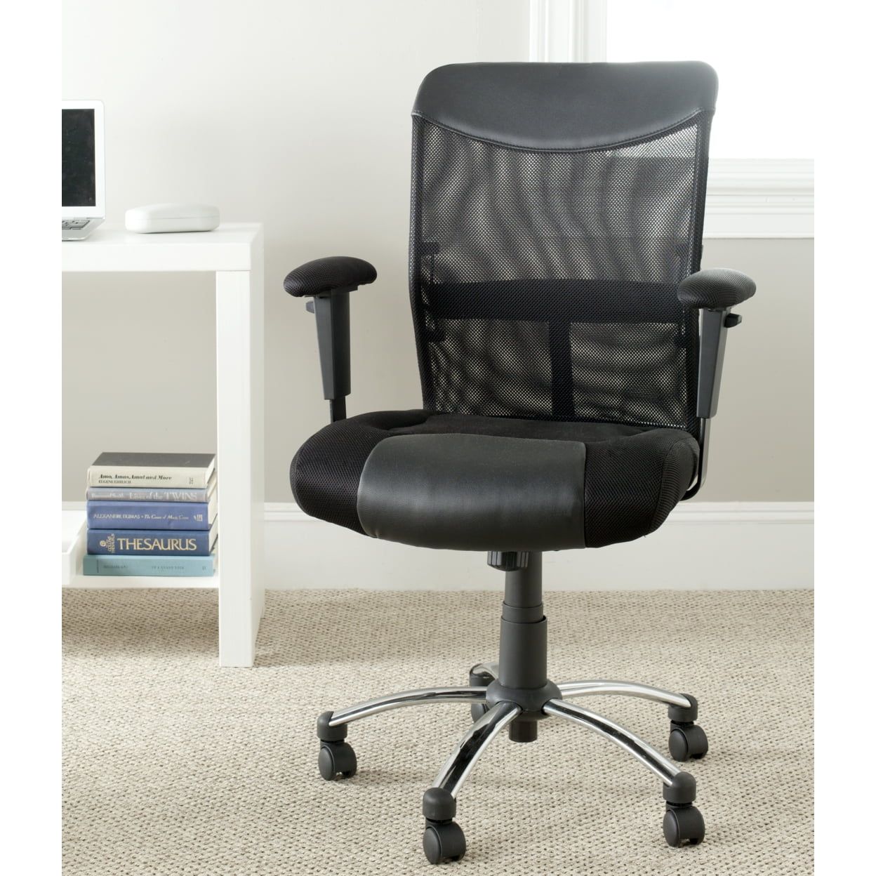 Transitional Black Mesh and Vegan Leather Swivel Desk Chair with Adjustable Arms