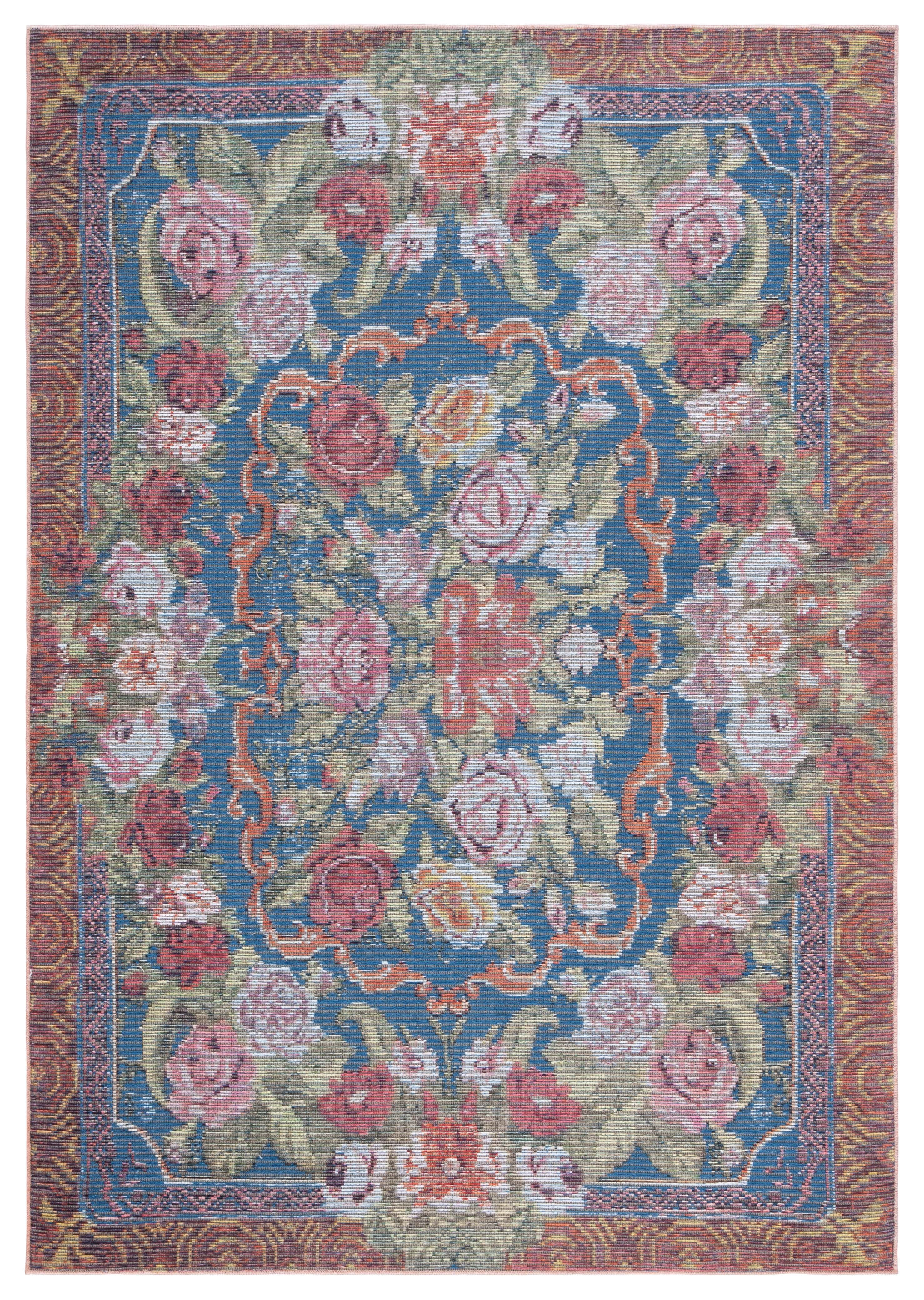 Blue and Sage Rust Floral Synthetic Area Rug, 5'3" x 7'6"